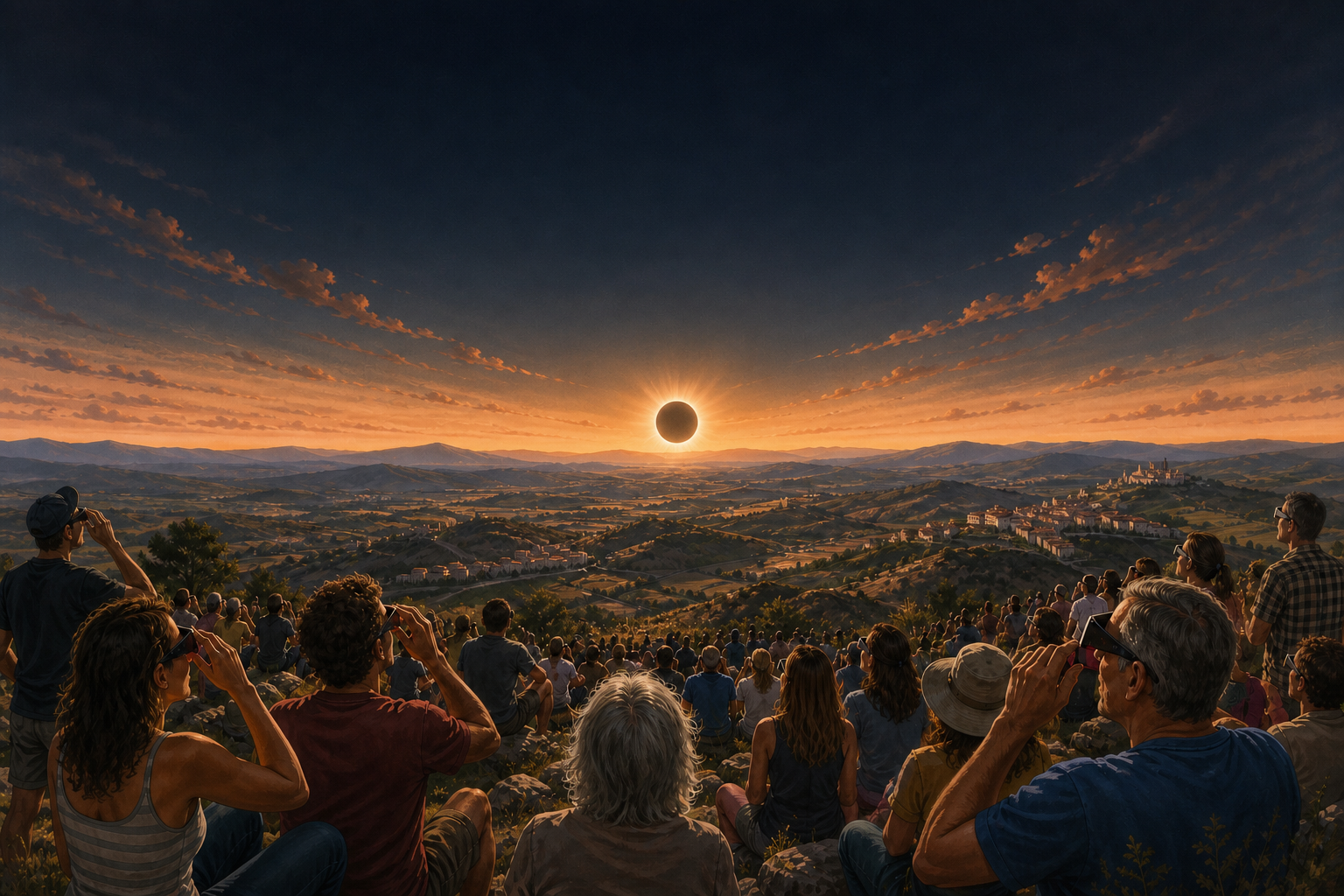 Editorial illustration of eclipse watchers on a Spanish hilltop viewing totality near sunset