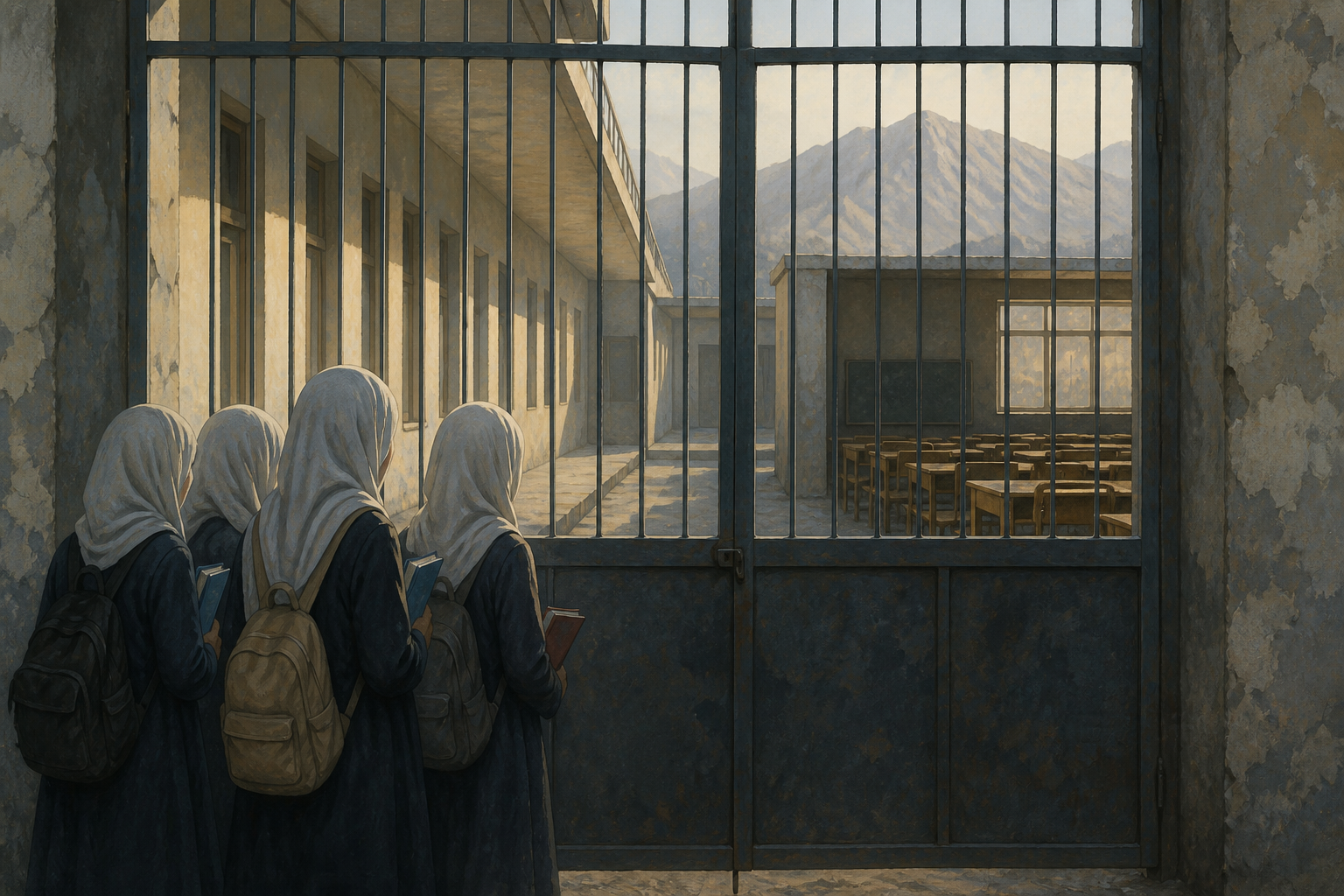 Editorial illustration of Afghan schoolgirls facing a locked school gate and empty classroom