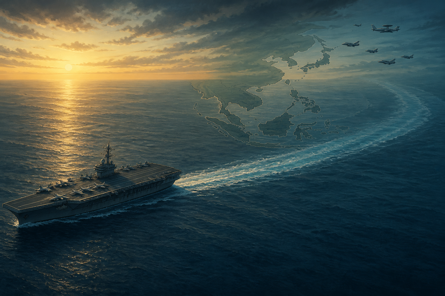 Editorial illustration of an aircraft carrier sailing away from the western Pacific
