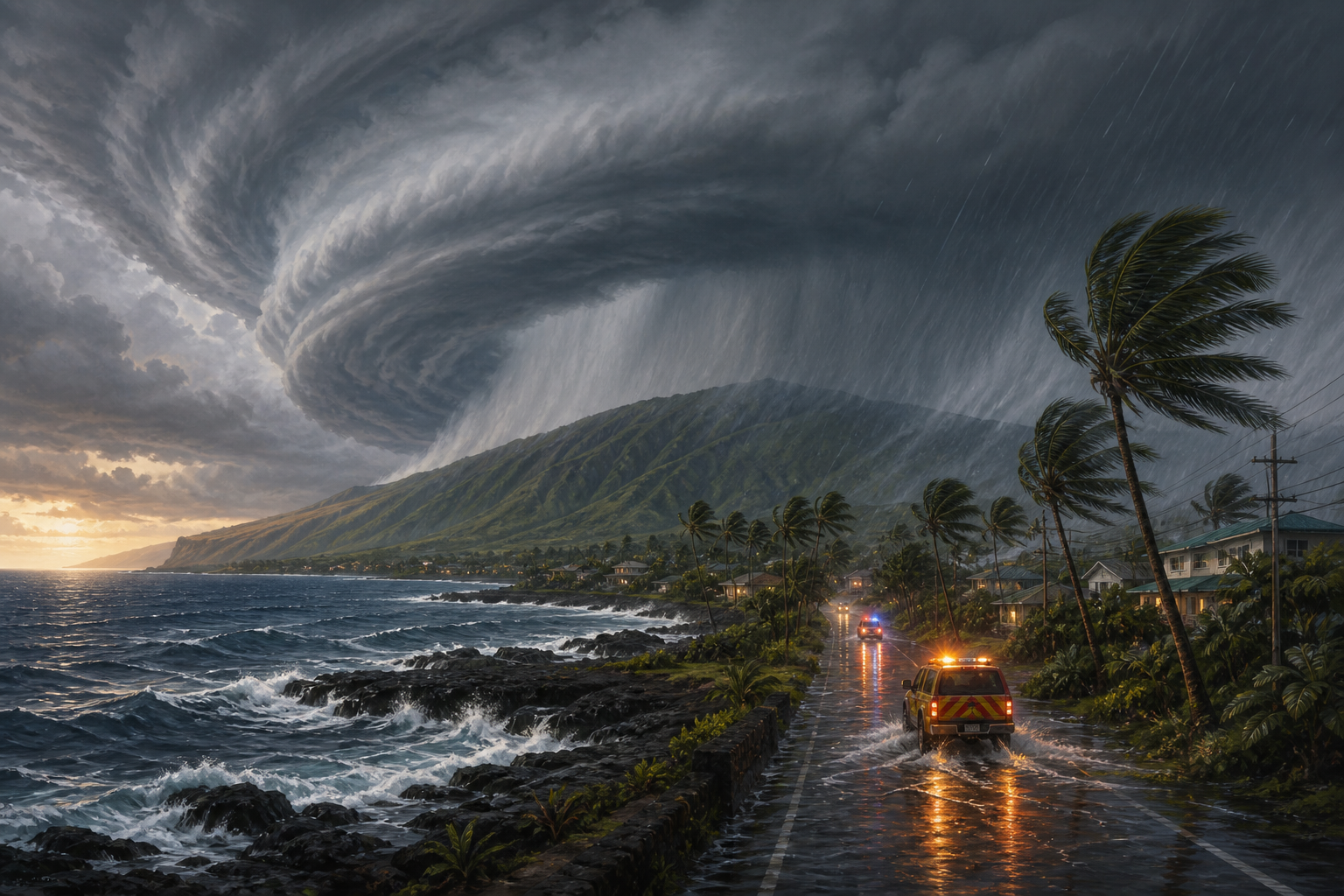 Editorial illustration of hurricane rain and flooding along Hawaii's volcanic coast