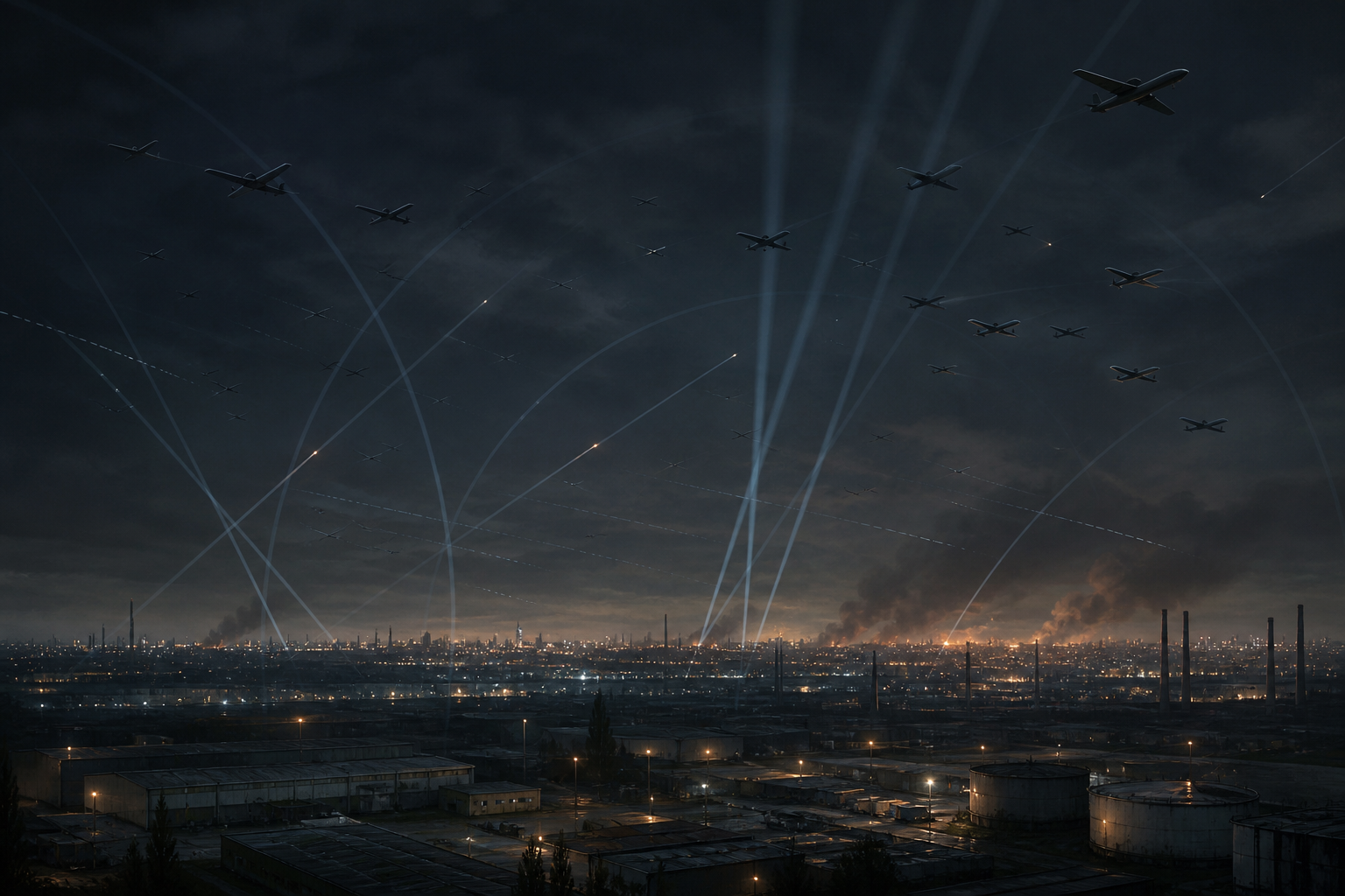 Editorial illustration of a mass drone barrage over an industrial city at night