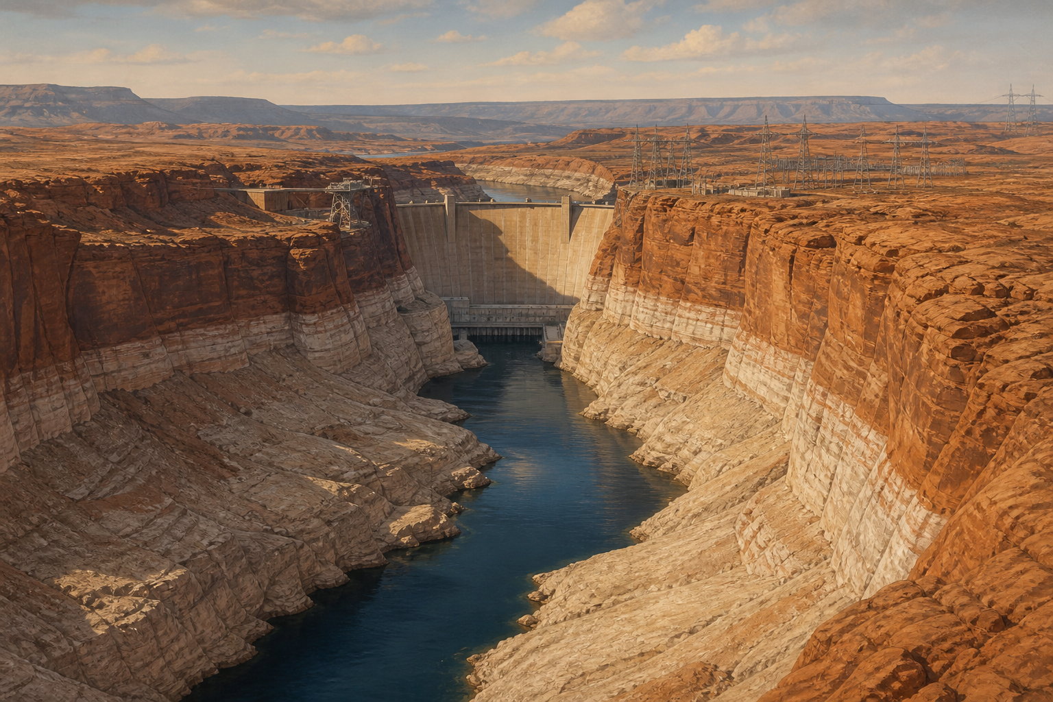 Editorial illustration of depleted Lake Powell and Glen Canyon Dam