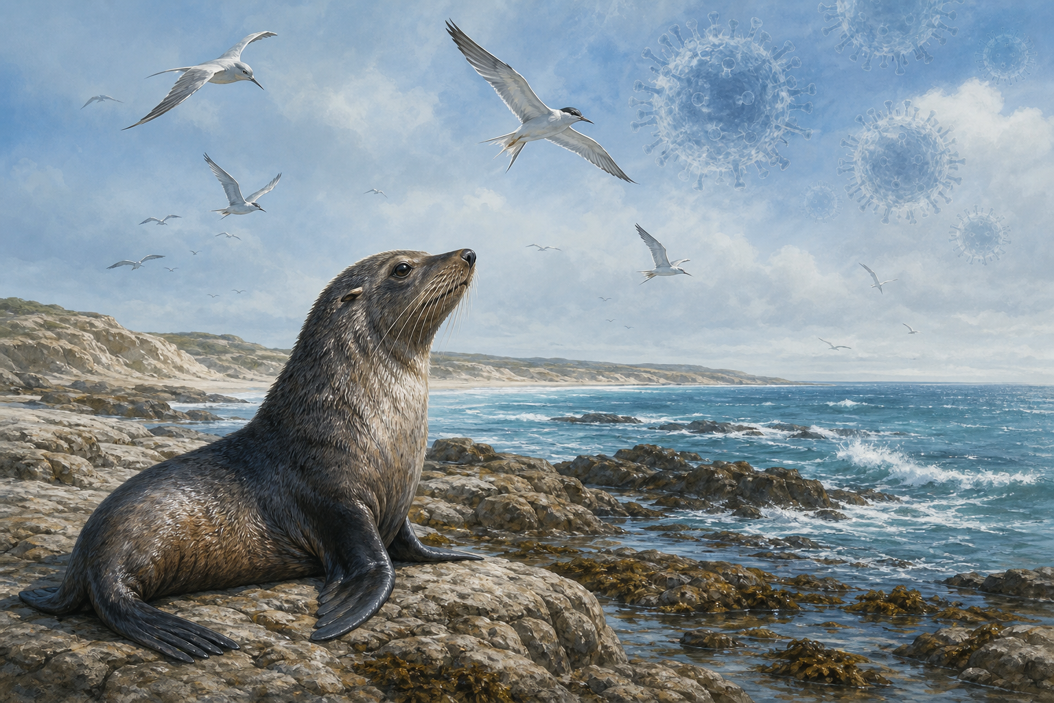 Editorial illustration of a long-nosed fur seal and seabirds on the South Australian coast
