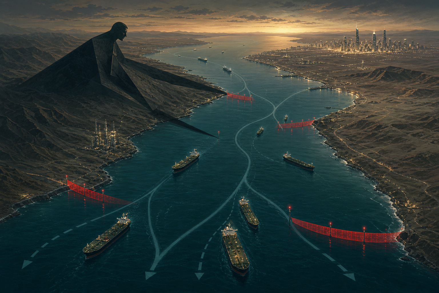 Editorial illustration of tankers navigating constrained routes through the Strait of Hormuz