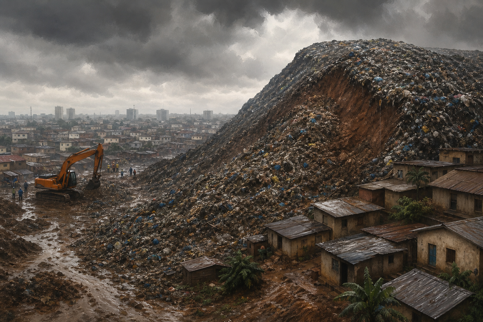 Editorial illustration of rescue crews beside a collapsed landfill mound in Conakry