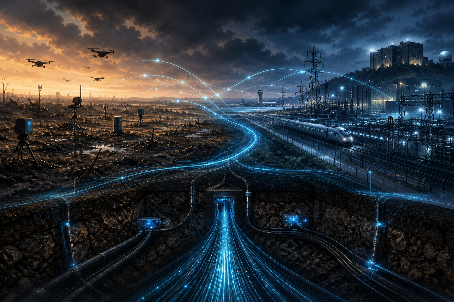 Editorial illustration of battlefield sensor data flowing through fibre-optic cables to critical infrastructure
