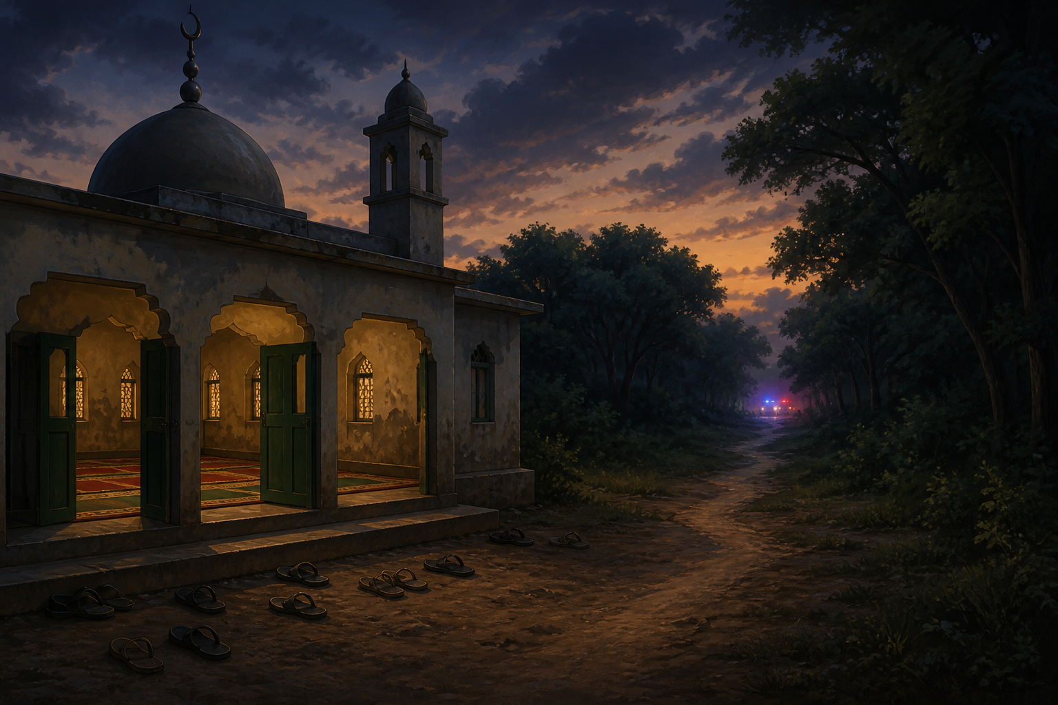 Editorial illustration of an empty mosque and forest path after a mass abduction in Nigeria