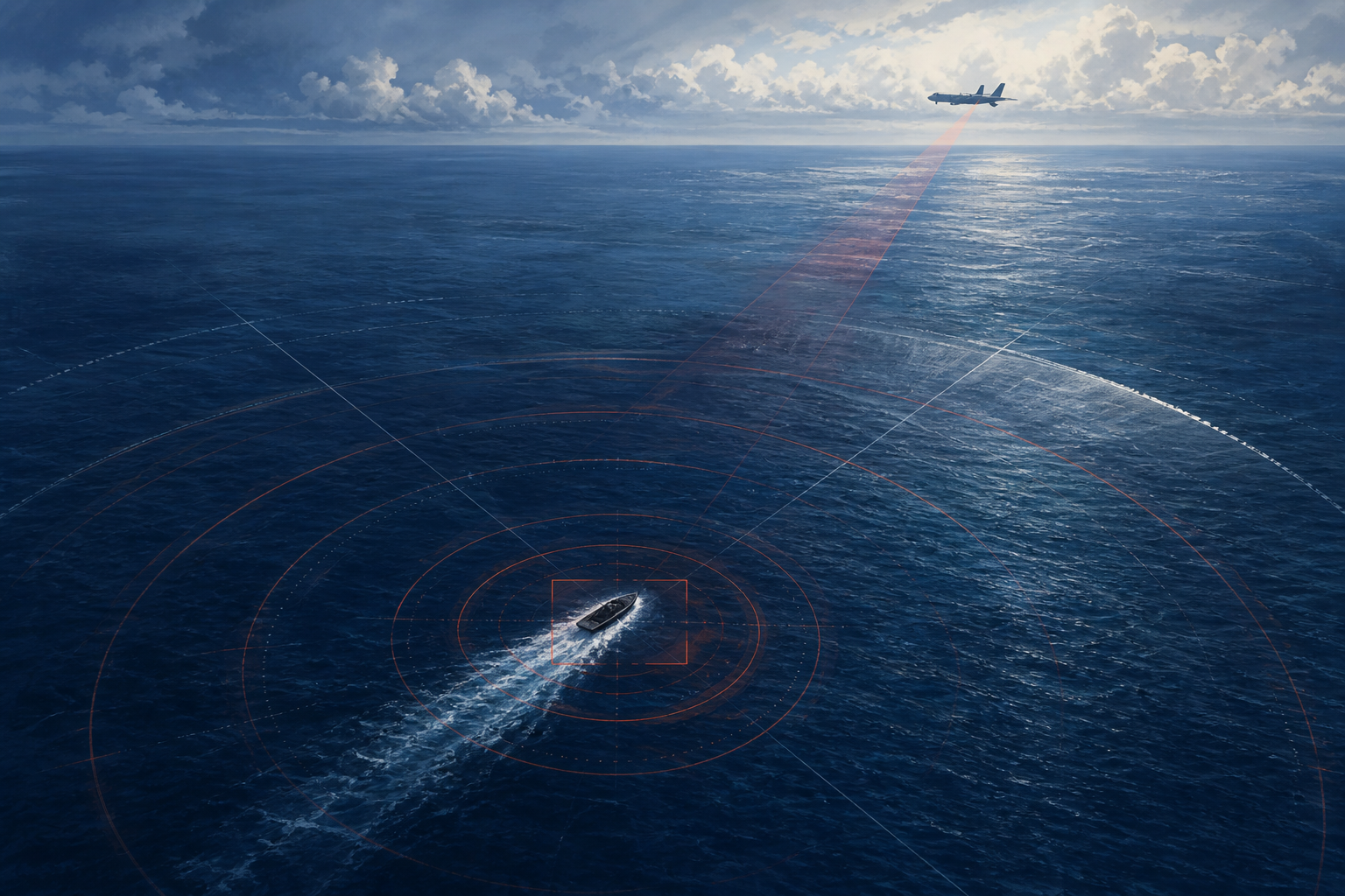 Editorial illustration of a low-profile vessel tracked by radar over the eastern Pacific