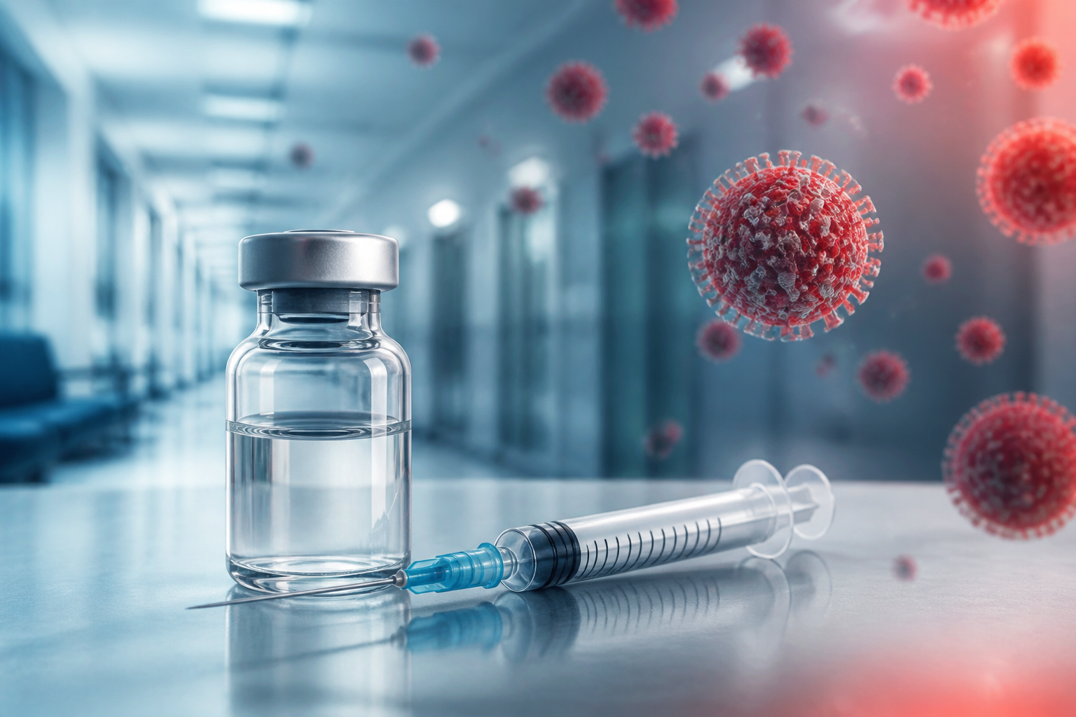 Editorial illustration of a vaccine vial, syringe and measles virus particles in a clinic
