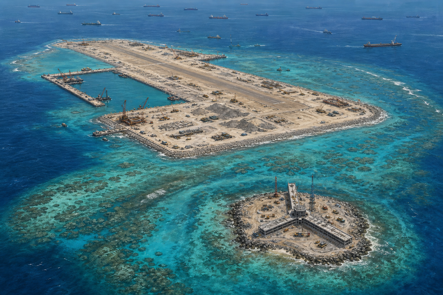 Conceptual editorial illustration of reclaimed islands and construction in the South China Sea