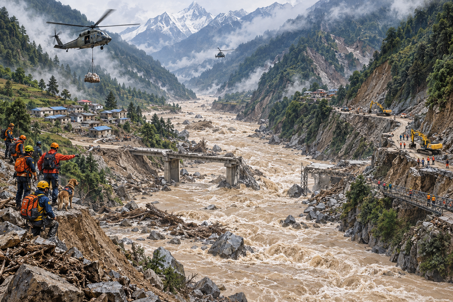 Editorial illustration of flood damage and rescue operations in a Himalayan river valley