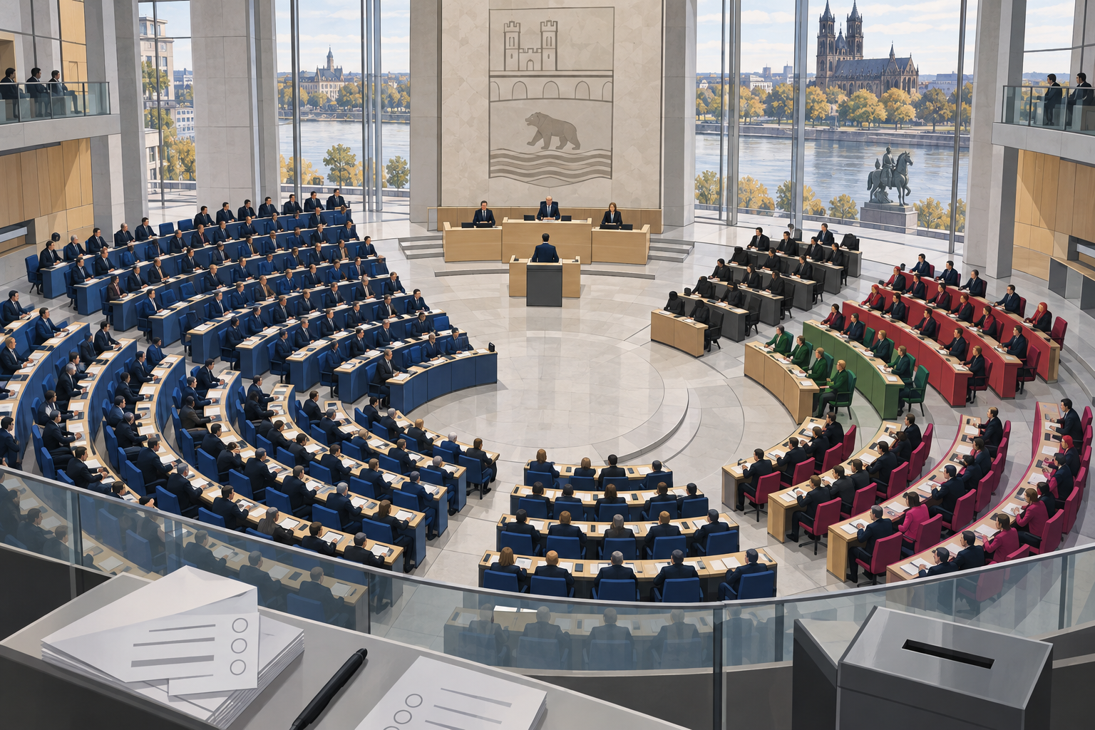 Editorial illustration of a divided Saxony-Anhalt parliament after the regional election