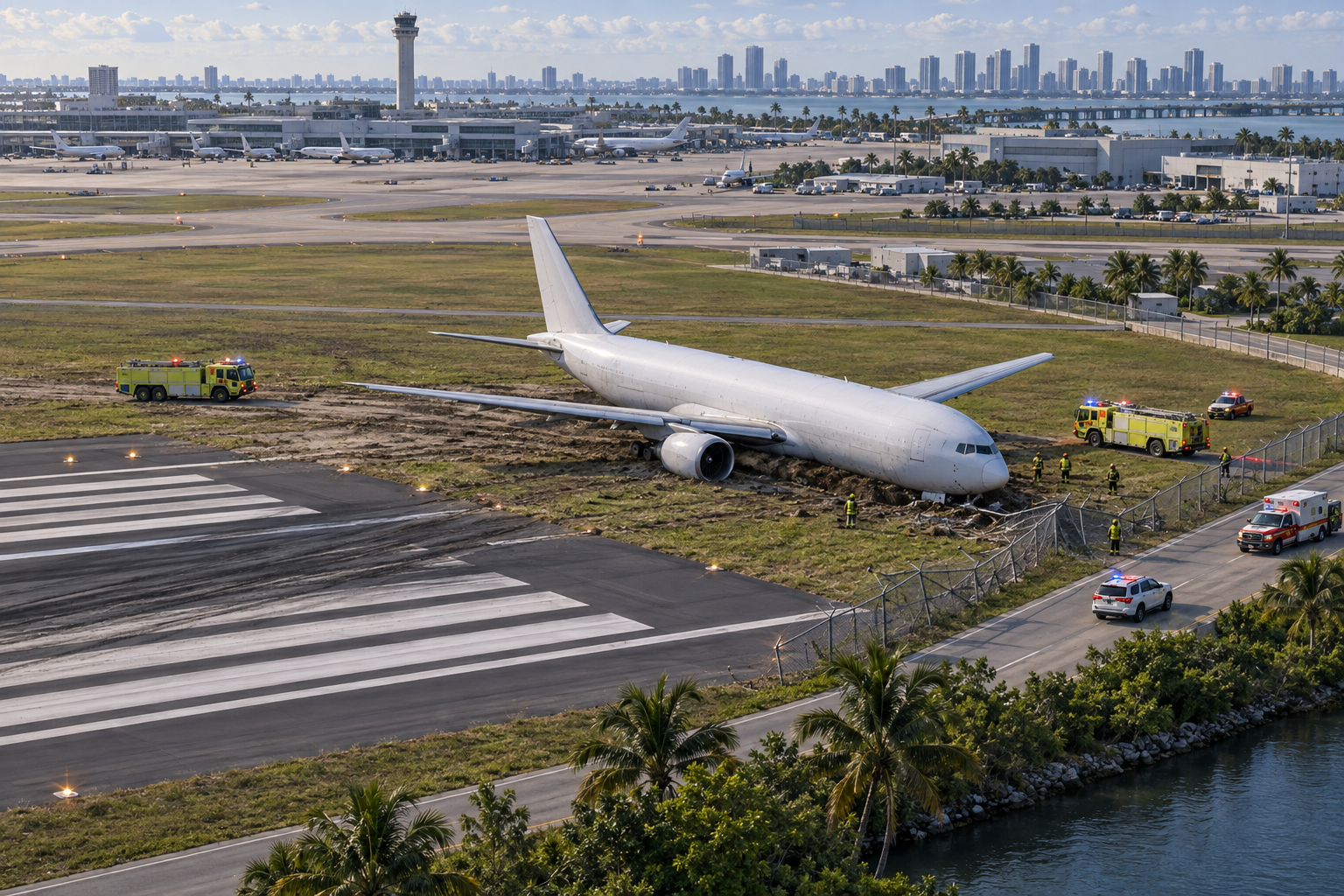 Editorial illustration of a cargo jet stopped beyond a Miami airport runway amid emergency response