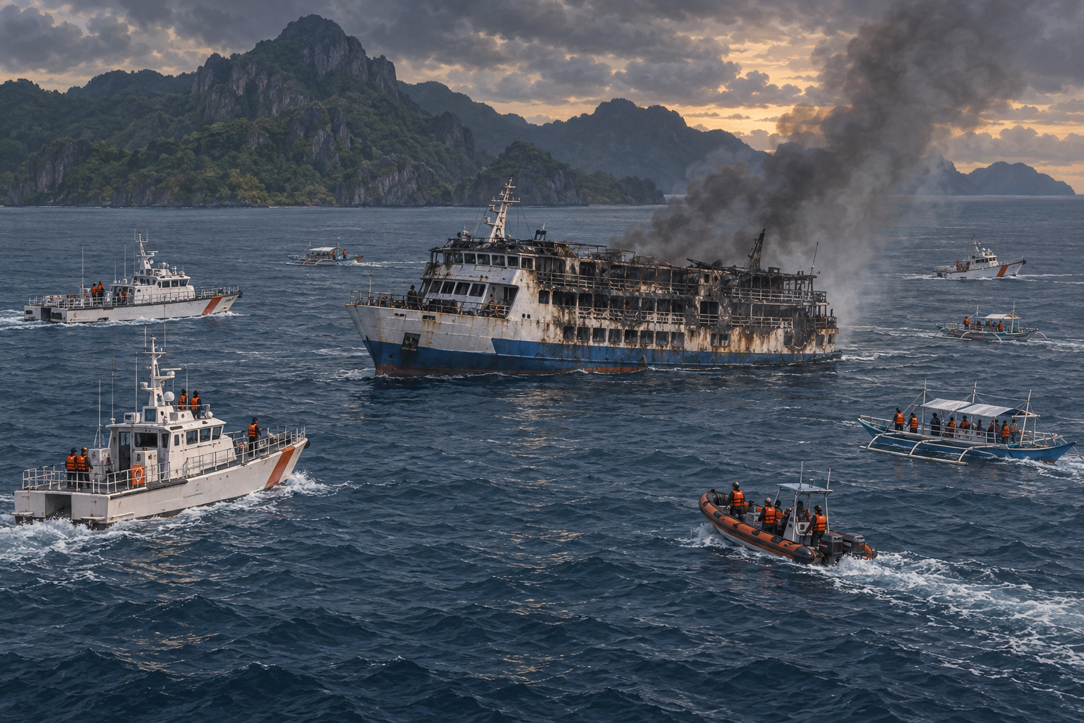 Editorial illustration of rescue boats surrounding a fire-damaged ferry near a tropical coastline