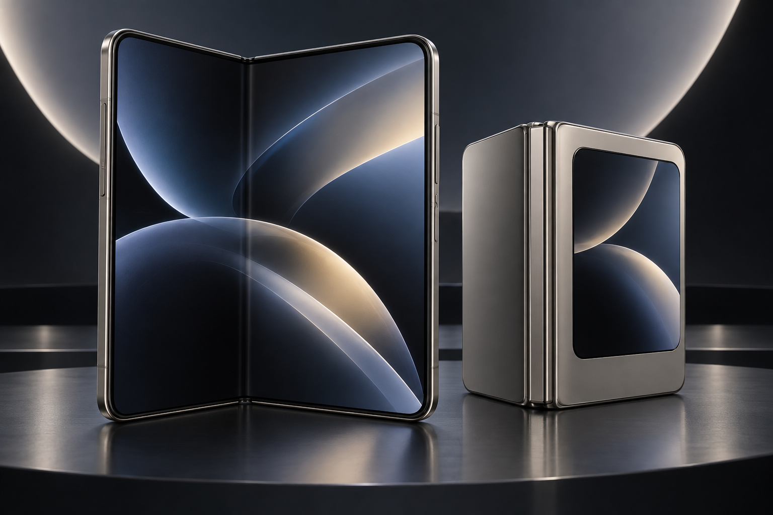 Editorial product illustration of a premium foldable smartphone shown open and closed