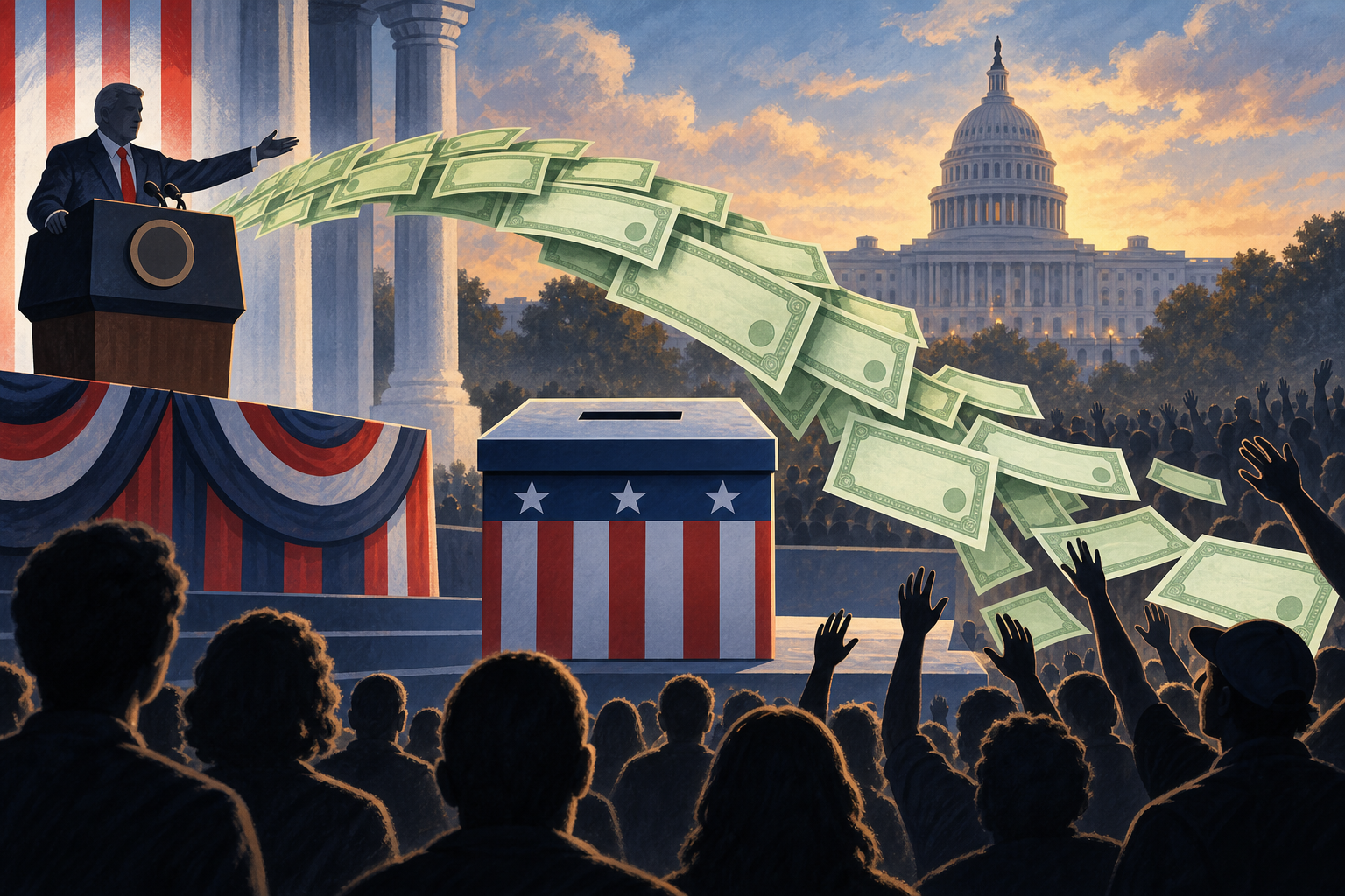 Editorial illustration linking a U.S. election ballot with proposed public cash payments
