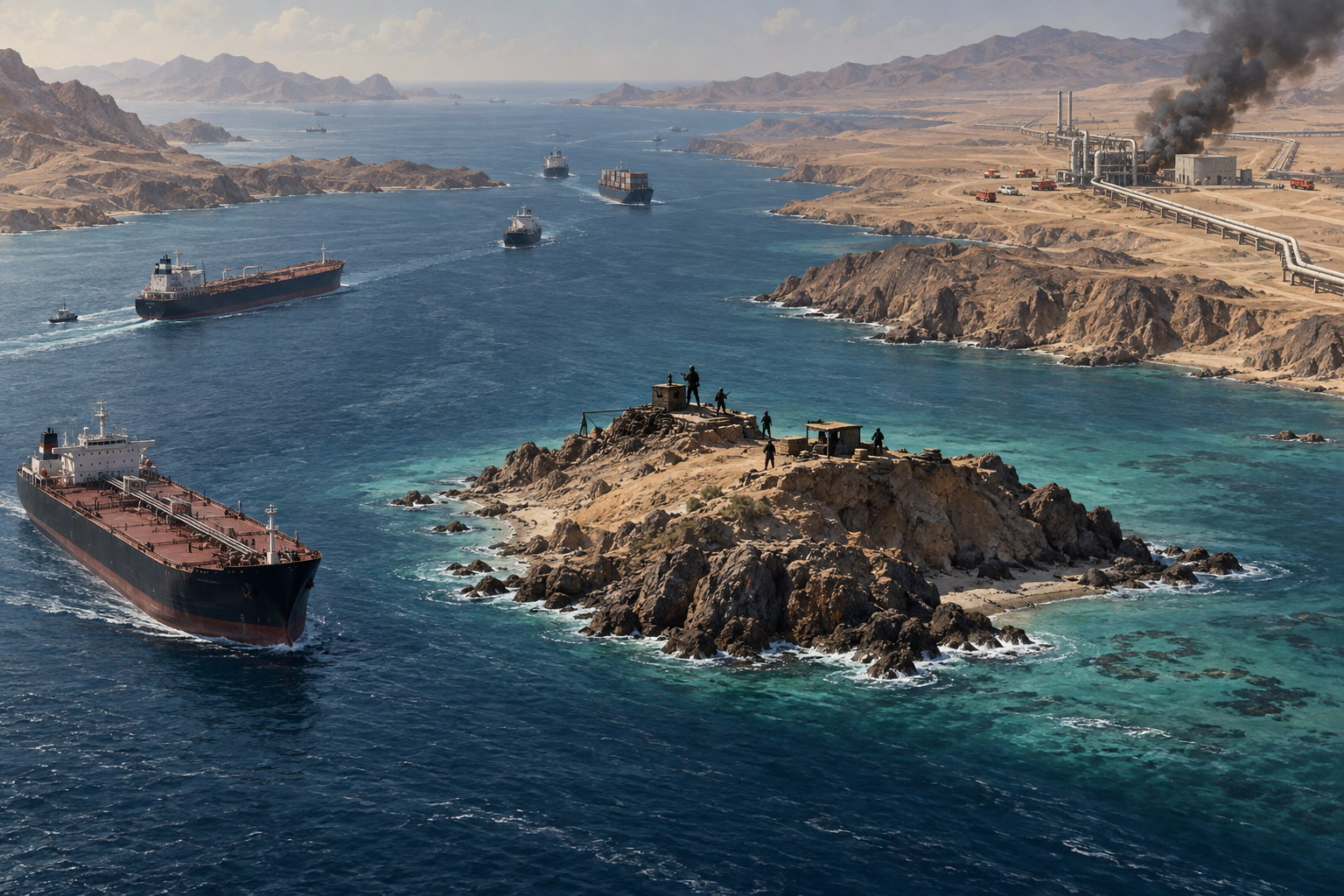 Editorial illustration of a strategic Red Sea island, oil tankers and a shut pipeline facility