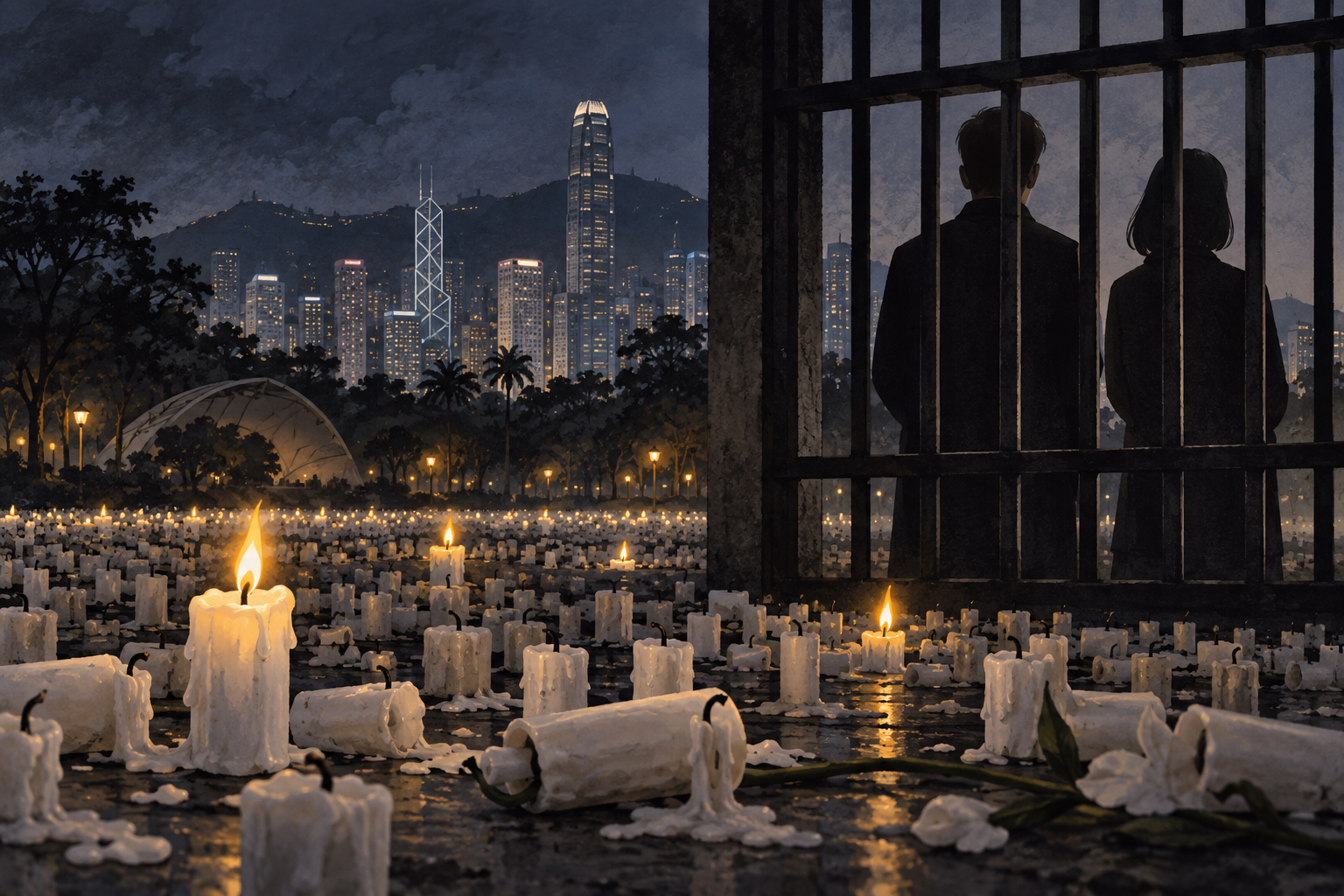 Editorial illustration of candlelight remembrance in Hong Kong seen through courthouse bars