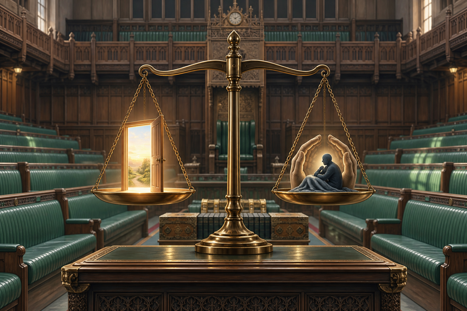 Editorial illustration of balance scales representing choice and safeguarding inside Parliament