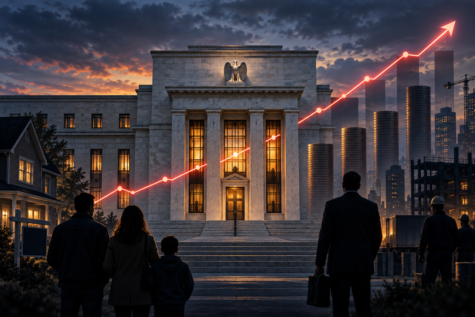 Editorial illustration of a central bank, rising rate line and households facing higher borrowing costs
