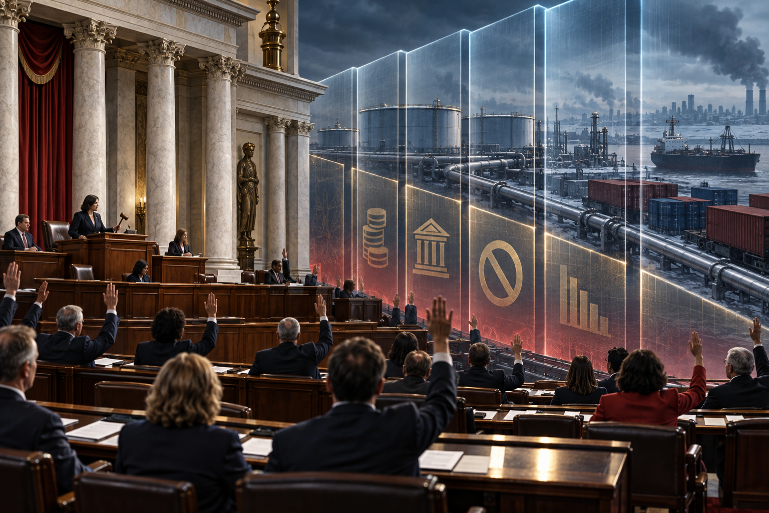 Editorial illustration of Congress voting to restrict Russian oil, banking and shipping networks