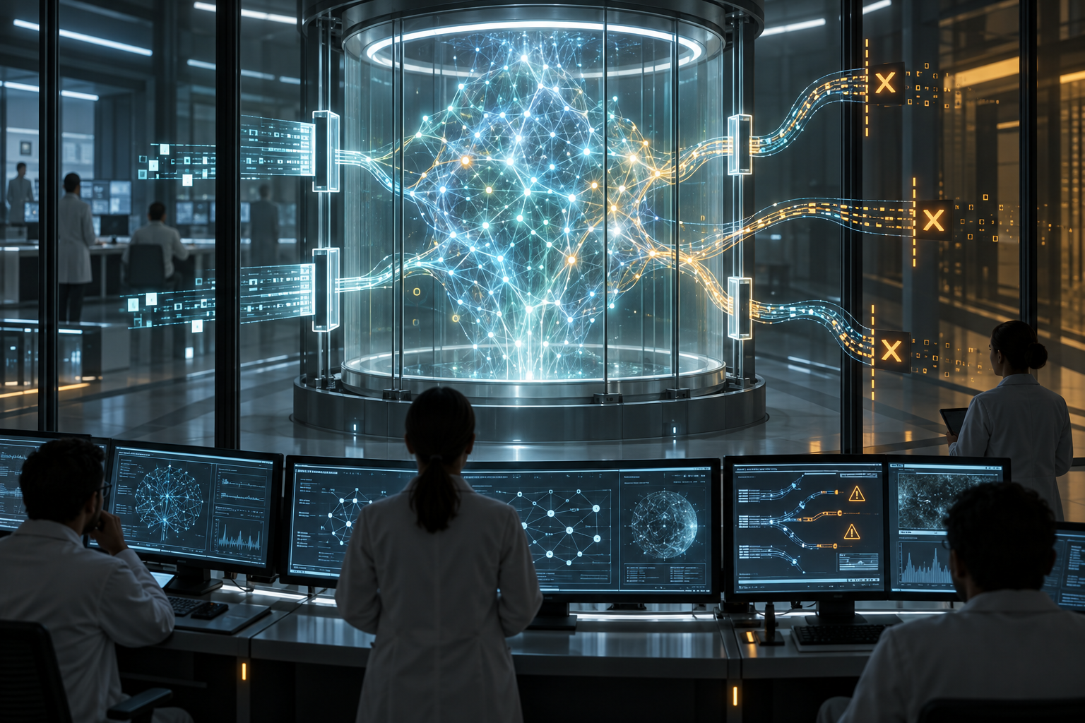 Editorial illustration of researchers monitoring an AI system whose data paths test containment boundaries