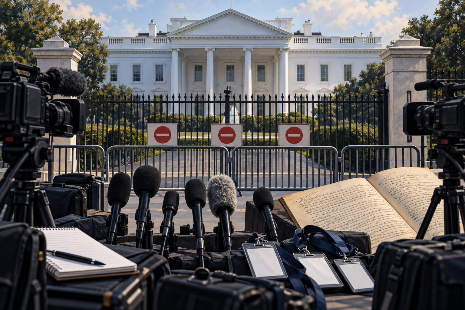 Editorial illustration of press cameras and microphones behind barriers outside the White House