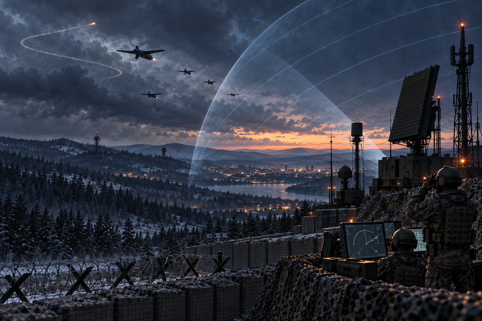 Editorial illustration of radar defenses monitoring aerial threats over an eastern European border