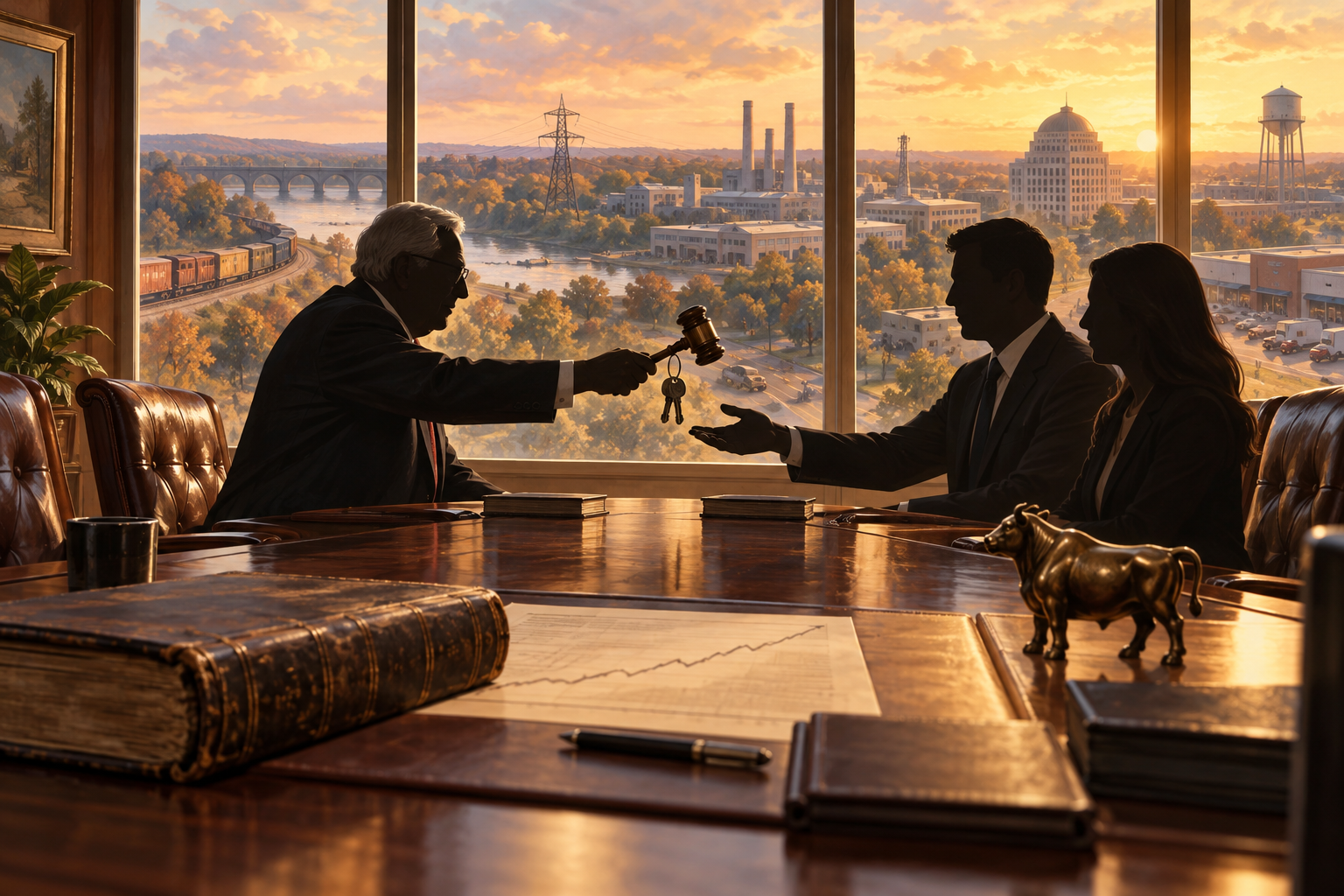 Editorial illustration of an orderly corporate leadership handoff in an Omaha boardroom