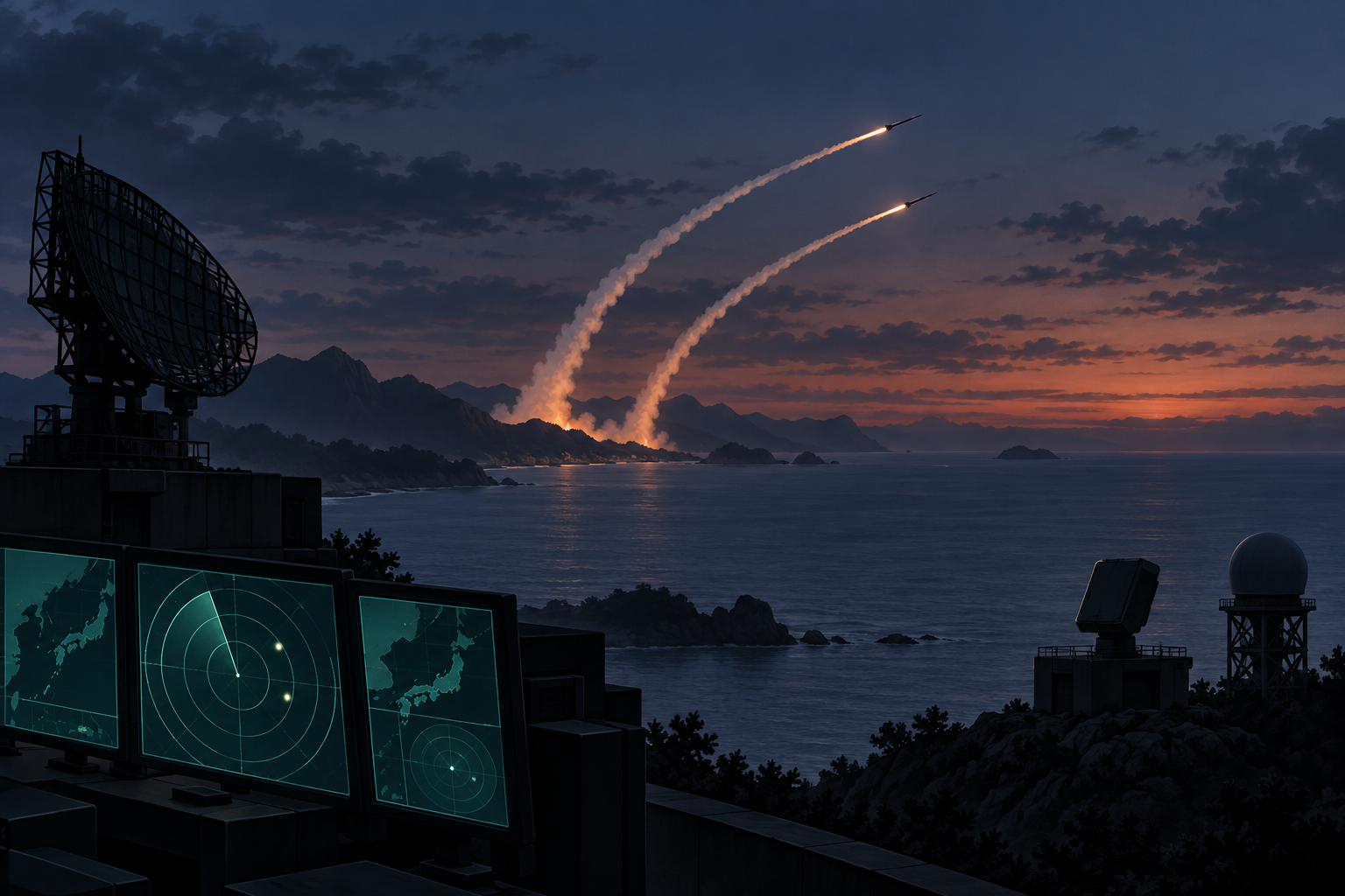 Editorial illustration of two missile trails over the sea monitored by coastal radar systems