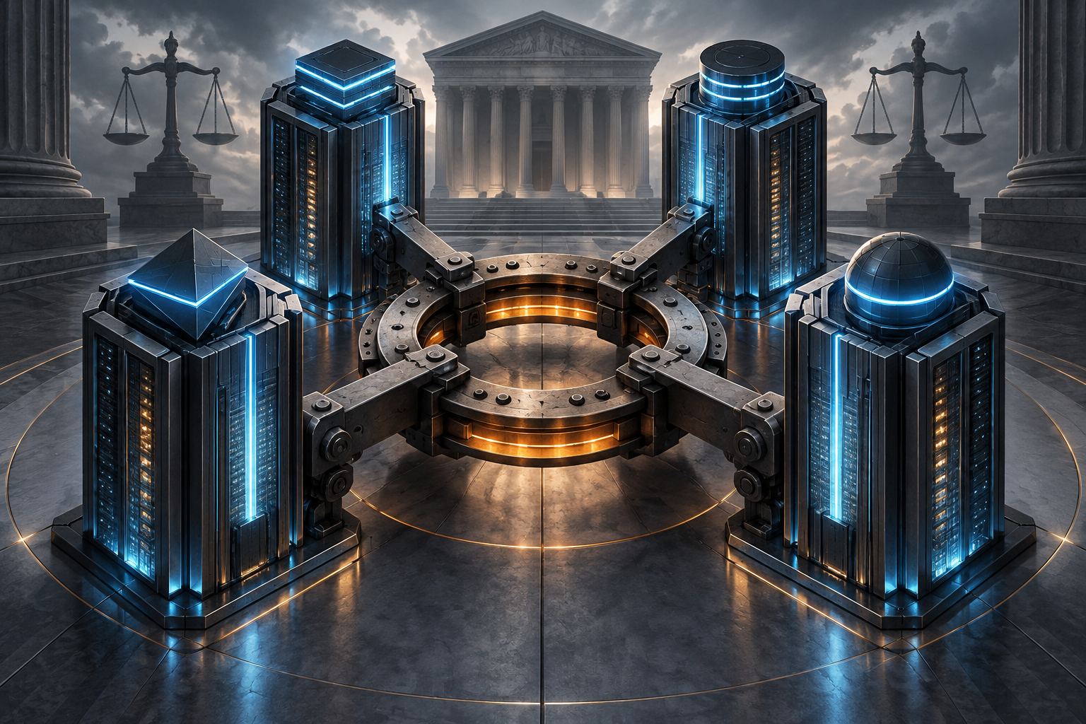 Conceptual editorial graphic of four AI computing towers linked to a shared brake mechanism outside a courthouse