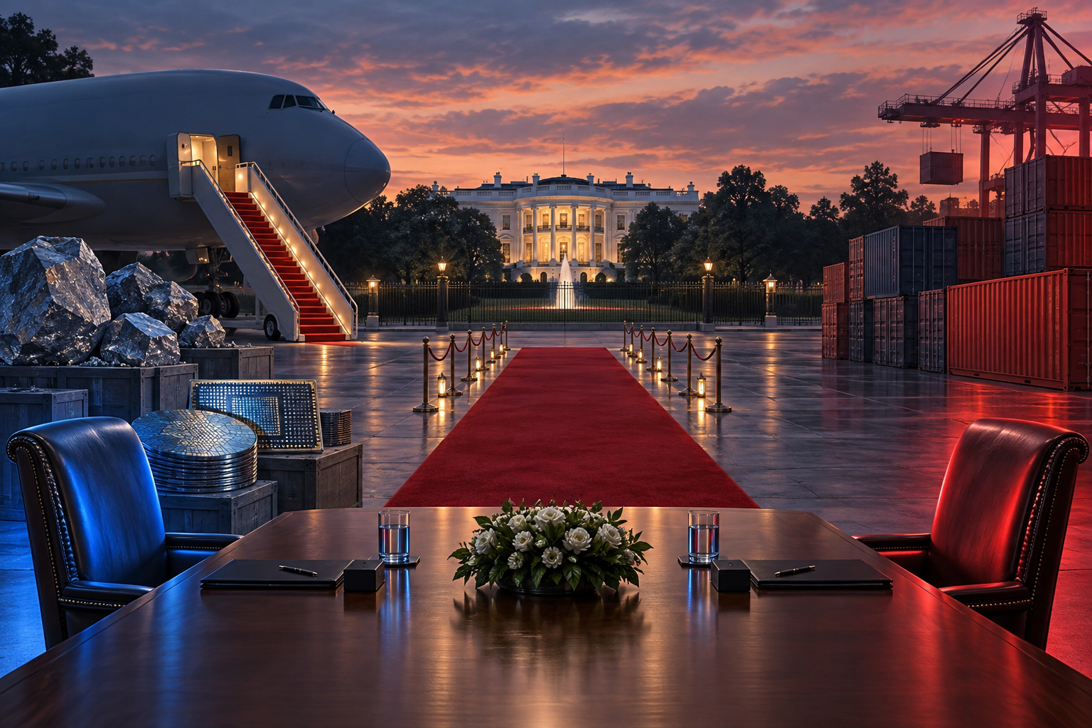 Conceptual editorial illustration of a diplomatic arrival and negotiation setting outside the White House