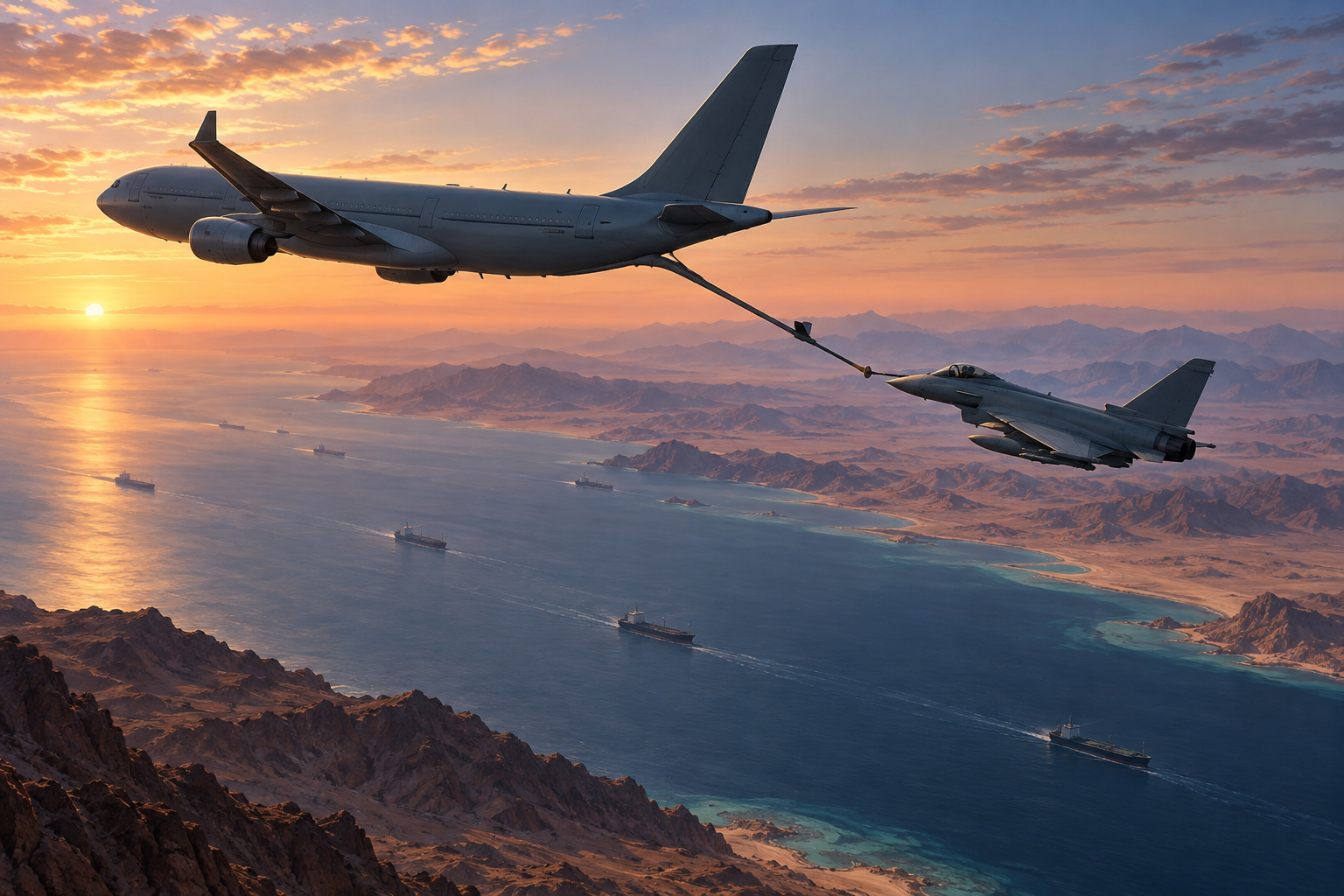 Conceptual illustration of an aerial refueling aircraft supporting a jet above a Red Sea shipping route