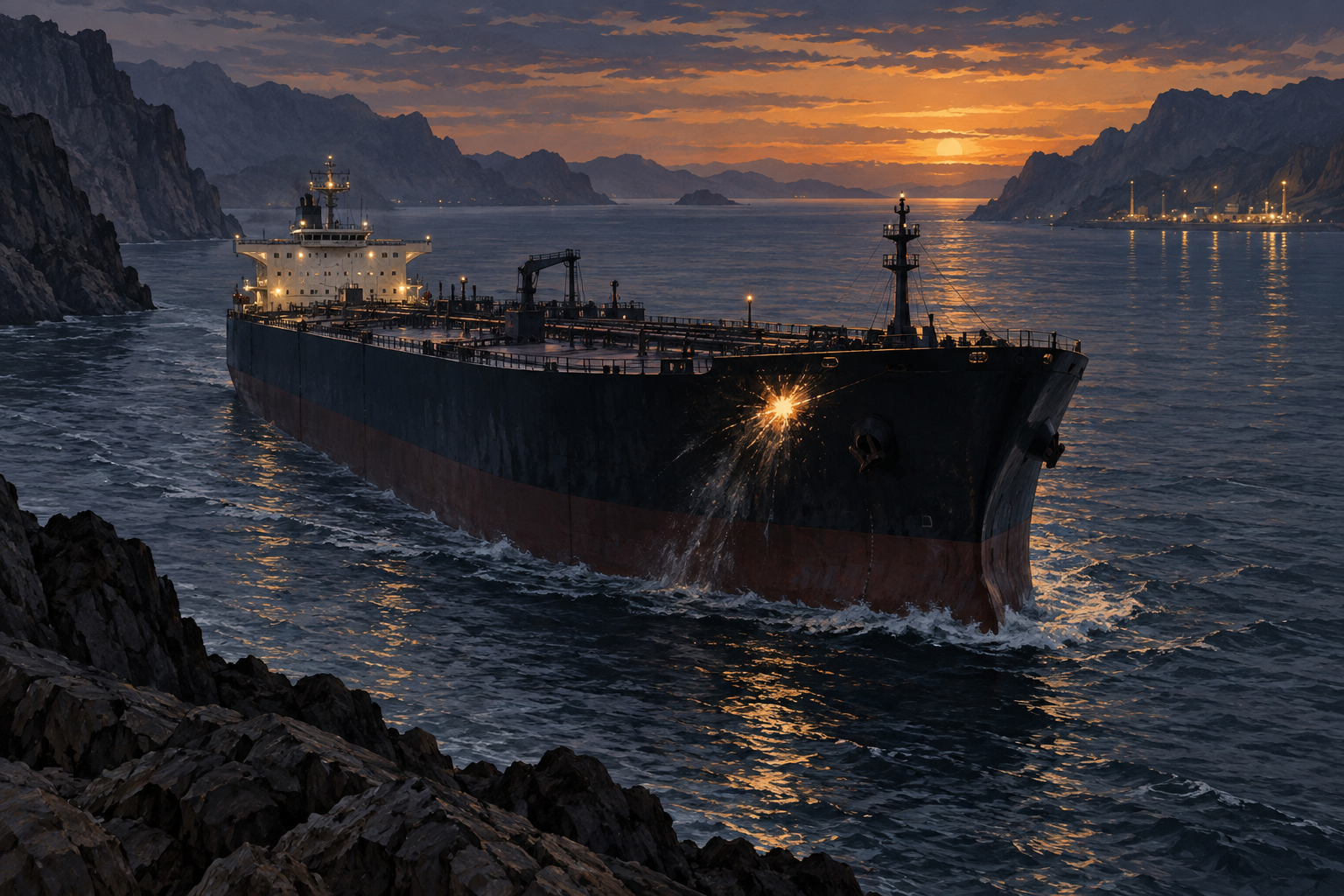 Conceptual illustration of a tanker with a small impact flash while crossing a narrow sea lane at dusk