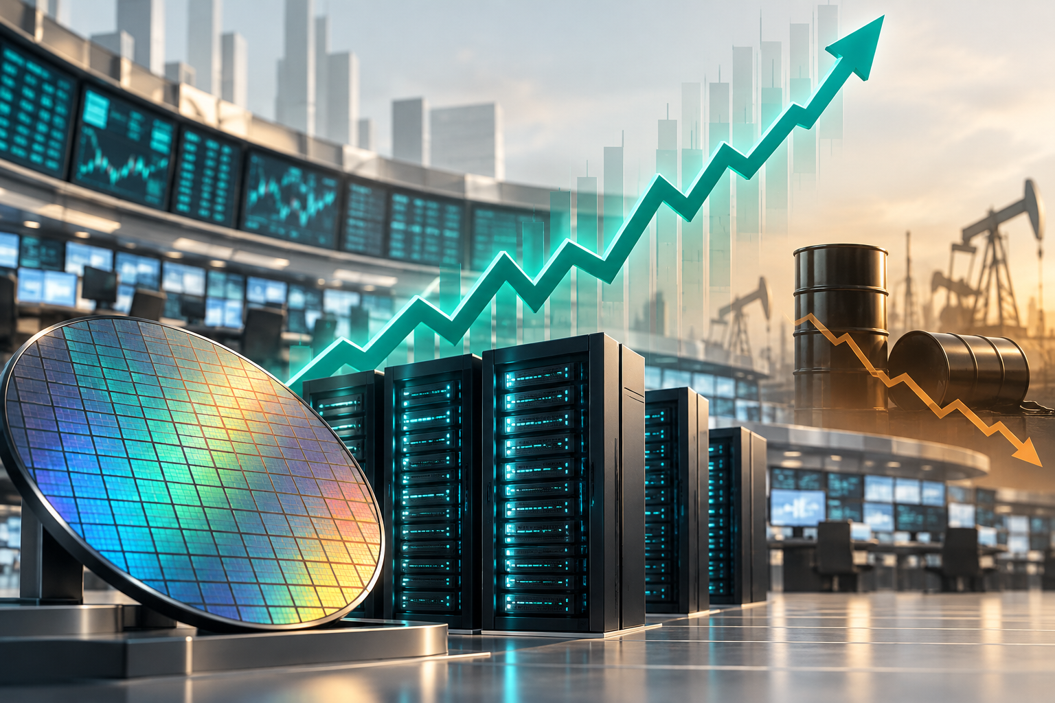 Conceptual market illustration showing rising stocks and AI chips as oil prices ease
