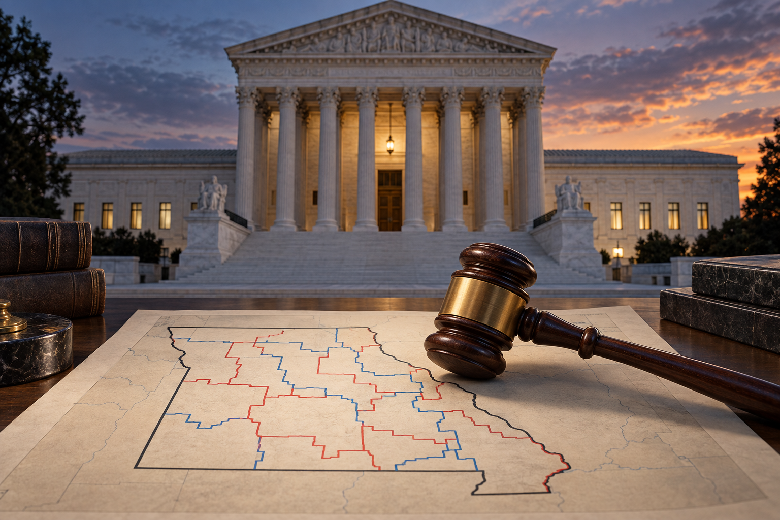 Conceptual illustration of the U.S. Supreme Court behind a gavel resting on a Missouri district map