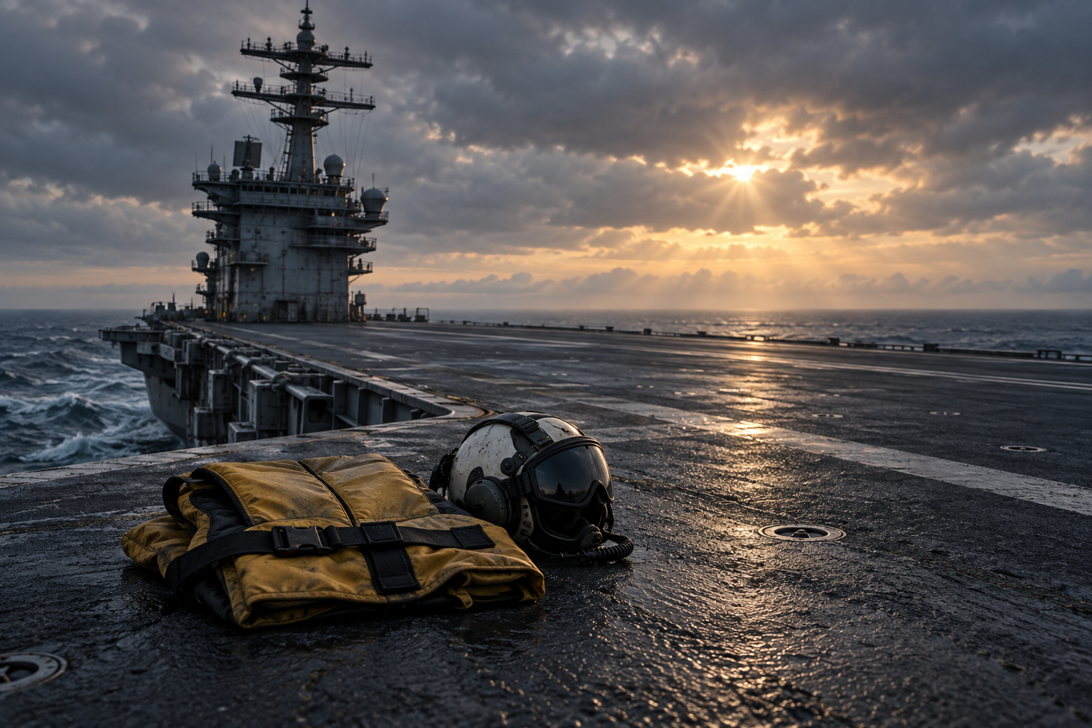 Conceptual illustration of an empty aircraft carrier deck with a life jacket and helmet under a breaking dawn sky