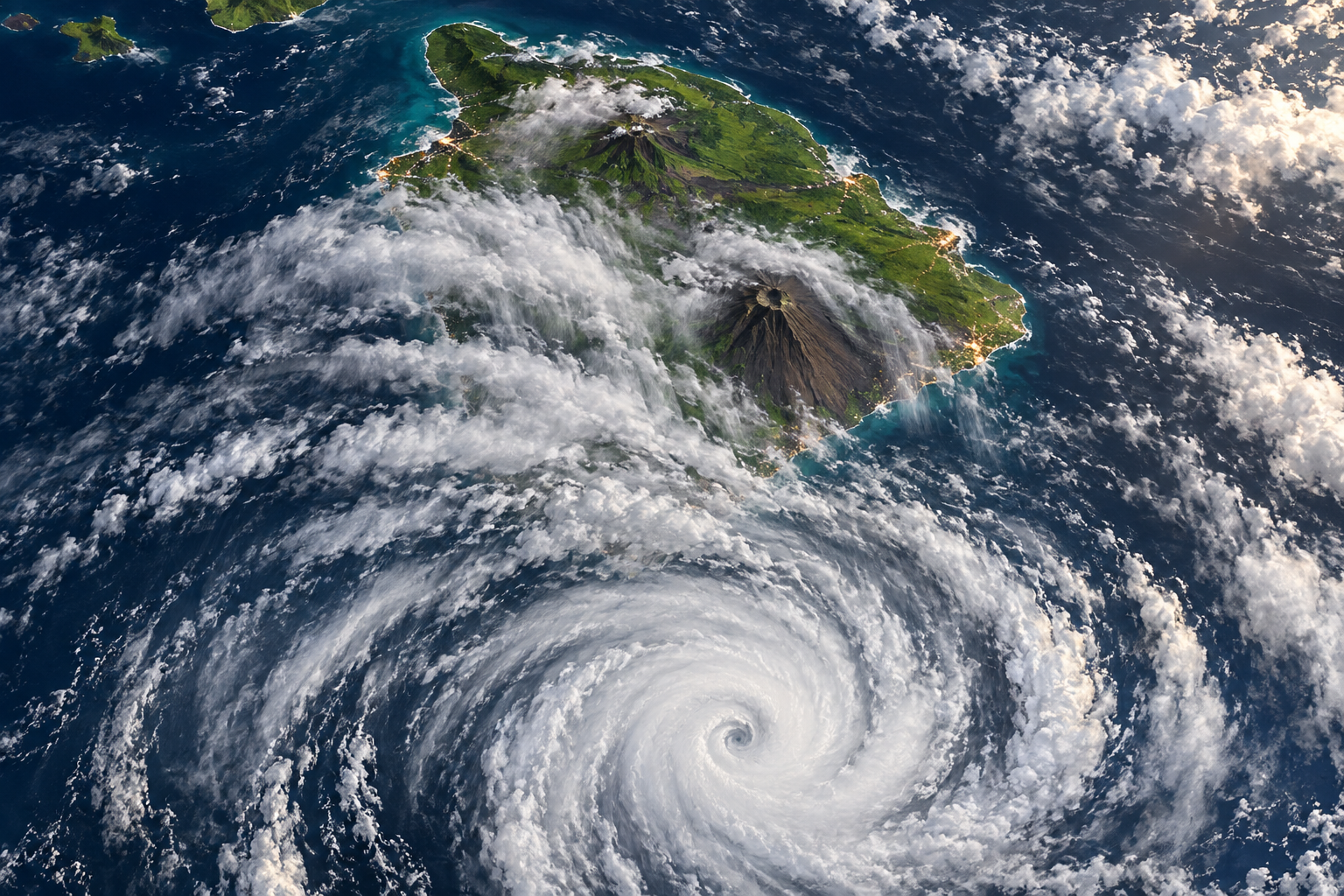 Conceptual satellite-style illustration of Hurricane Nolo sending rain bands across Hawaii's Big Island