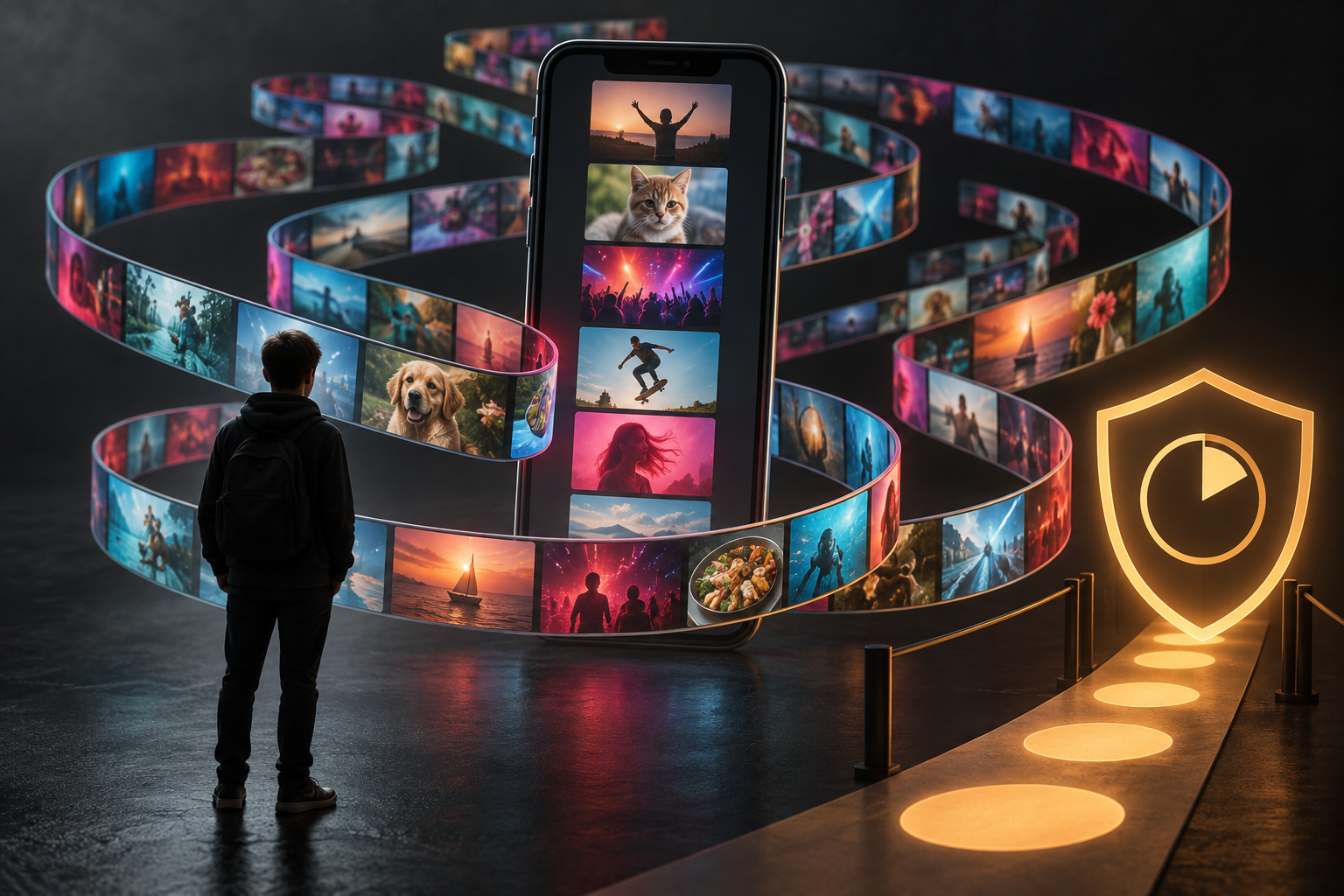 Editorial illustration of a teenager facing an endless video feed beside a digital safety timer