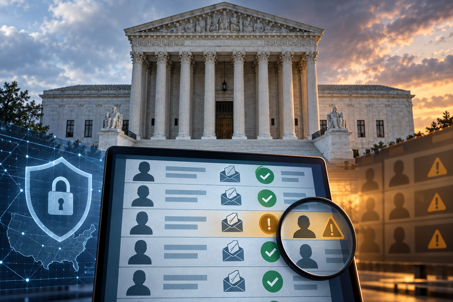 Editorial illustration of the U.S. Supreme Court behind a secure voter database with verified and flagged records