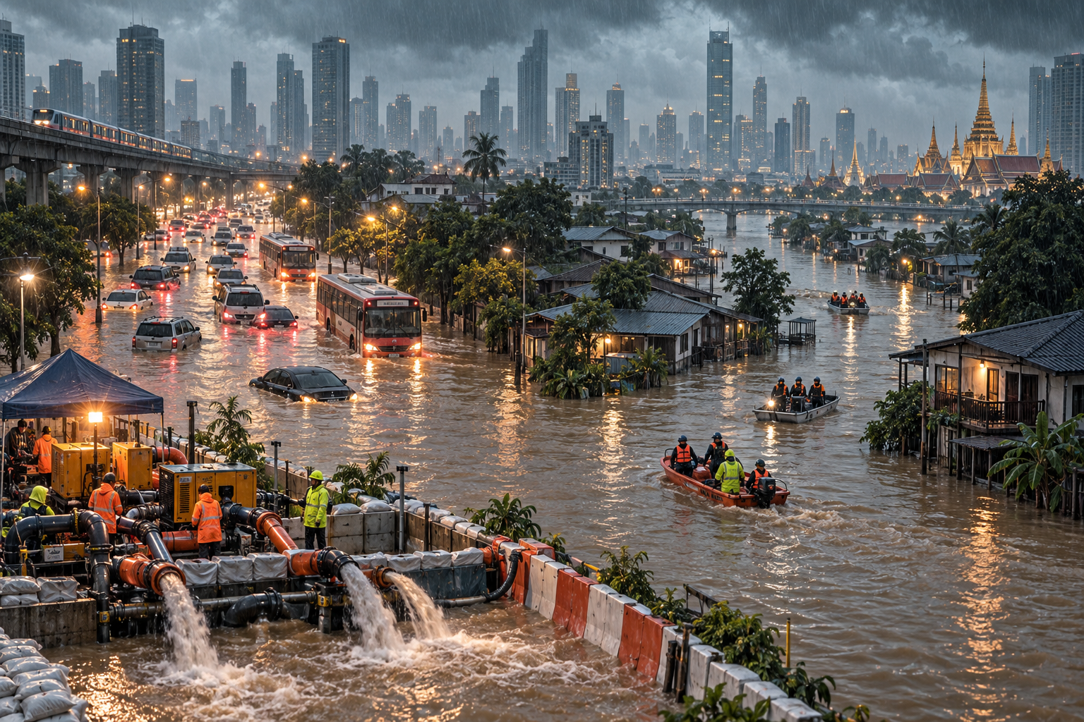 Editorial illustration of flooded Bangkok streets as emergency crews operate boats and pumps during heavy monsoon rain