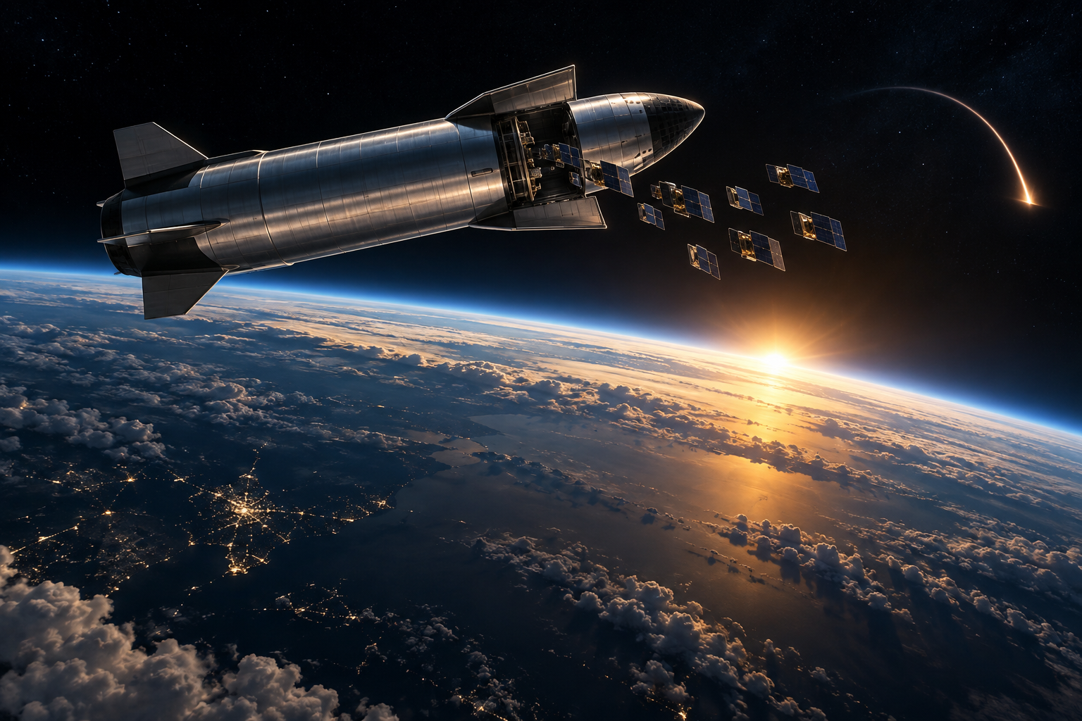 Editorial illustration of an unbranded Starship spacecraft deploying satellites above Earth at sunrise