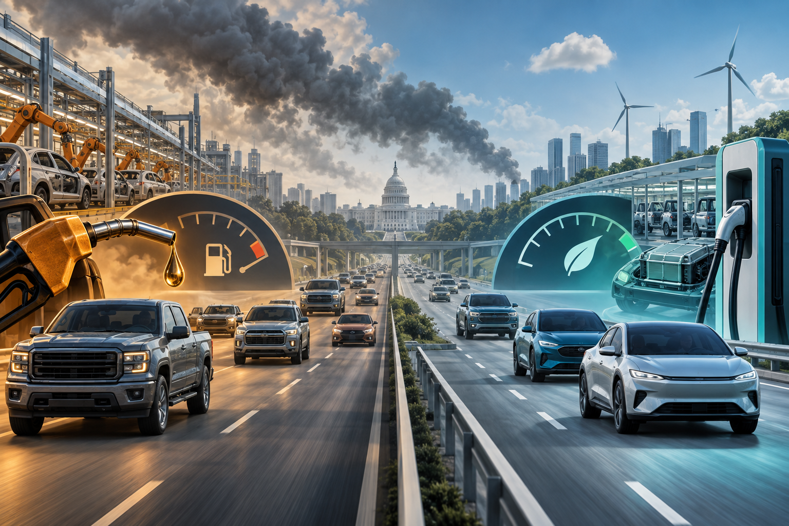 Editorial illustration contrasting gasoline vehicles and cleaner electric cars around U.S. fuel economy policy