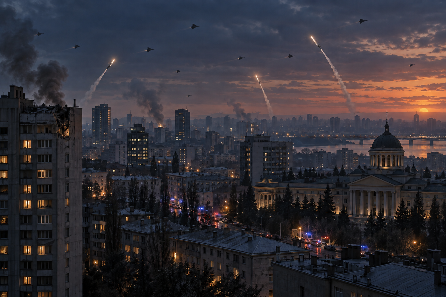 Editorial illustration of small attack drones crossing a Ukrainian city as air defenses respond at dusk