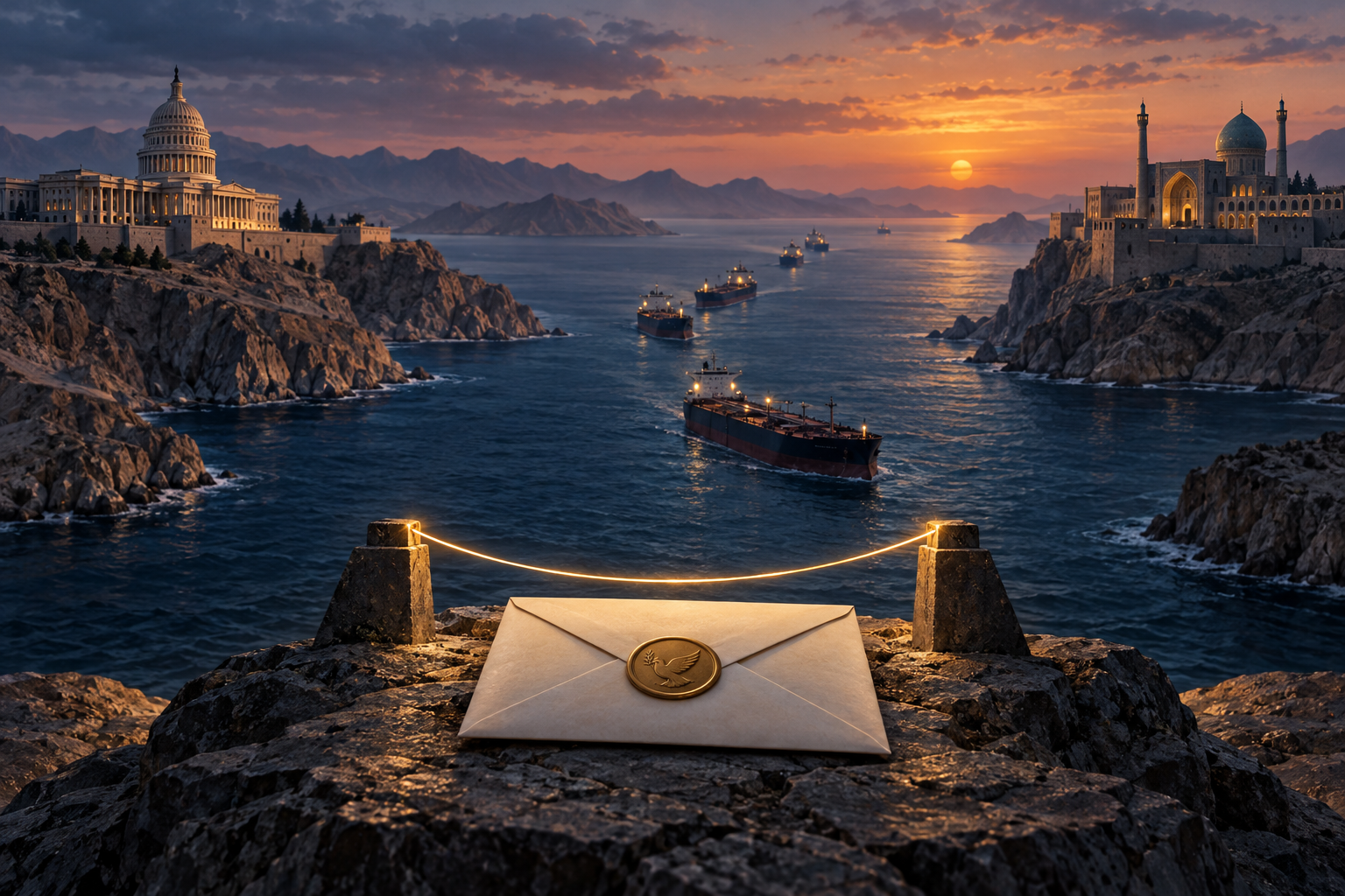 Editorial illustration of an unmarked diplomatic envelope overlooking tankers moving through the Strait of Hormuz