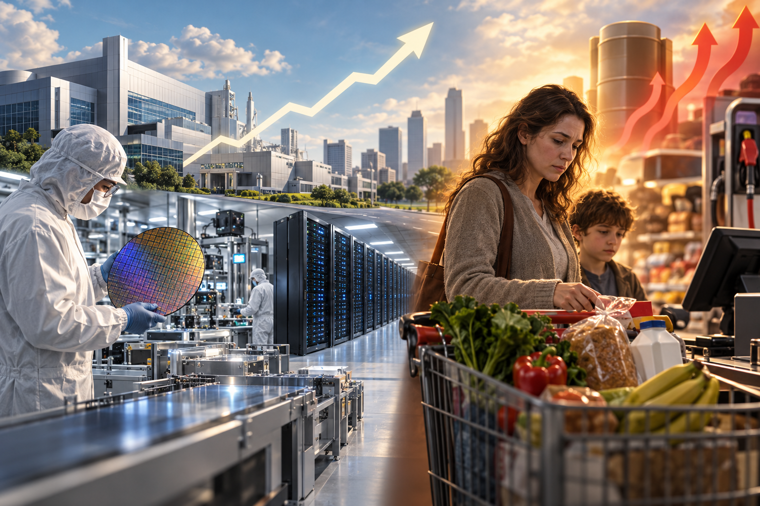 Editorial illustration contrasting American semiconductor and data center investment with a family facing higher grocery and energy costs