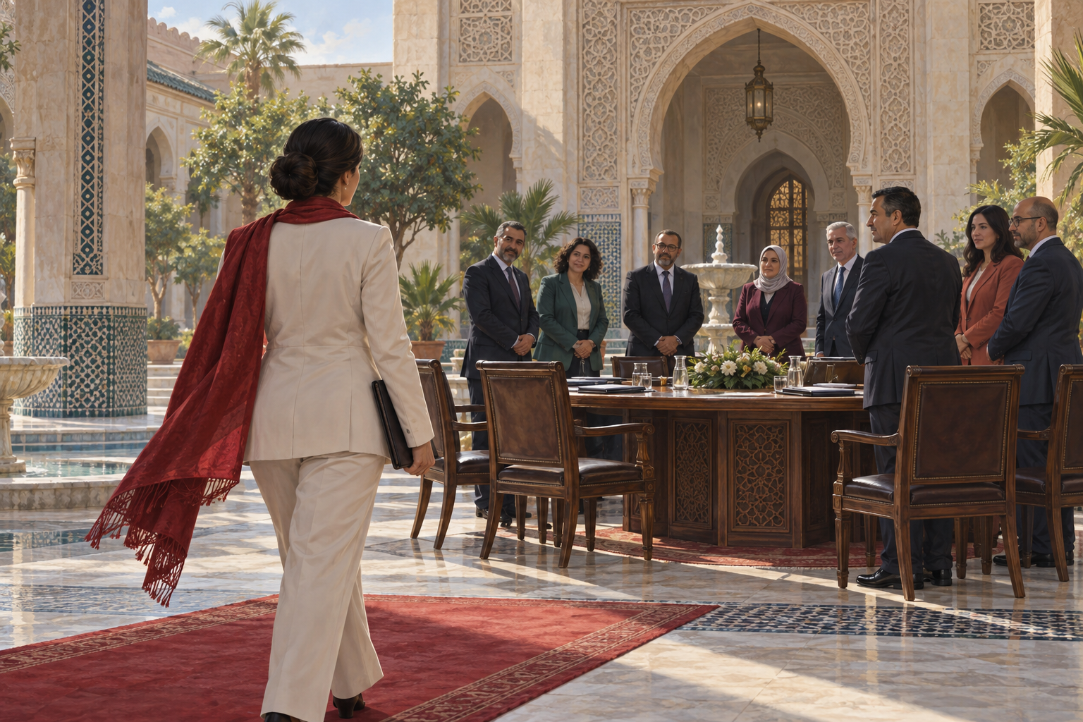 Editorial illustration of a non-identifiable woman political leader approaching a coalition meeting in a Moroccan government courtyard