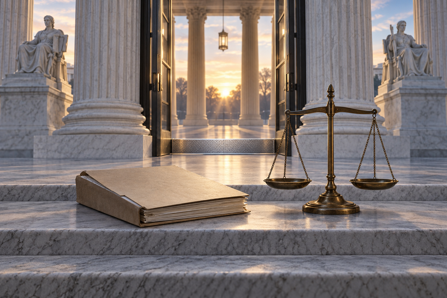 Editorial illustration of balanced scales and an unmarked case file at the entrance to a marble high court