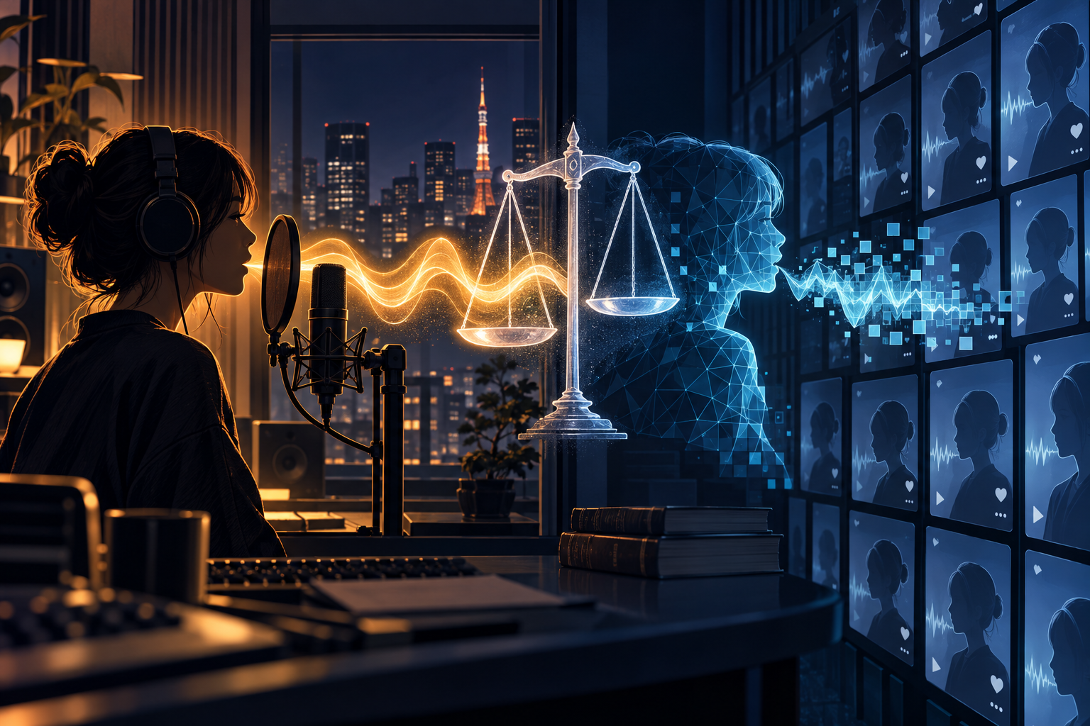 Editorial illustration contrasting a human voice performer with a geometric digital voice clone and judicial scales