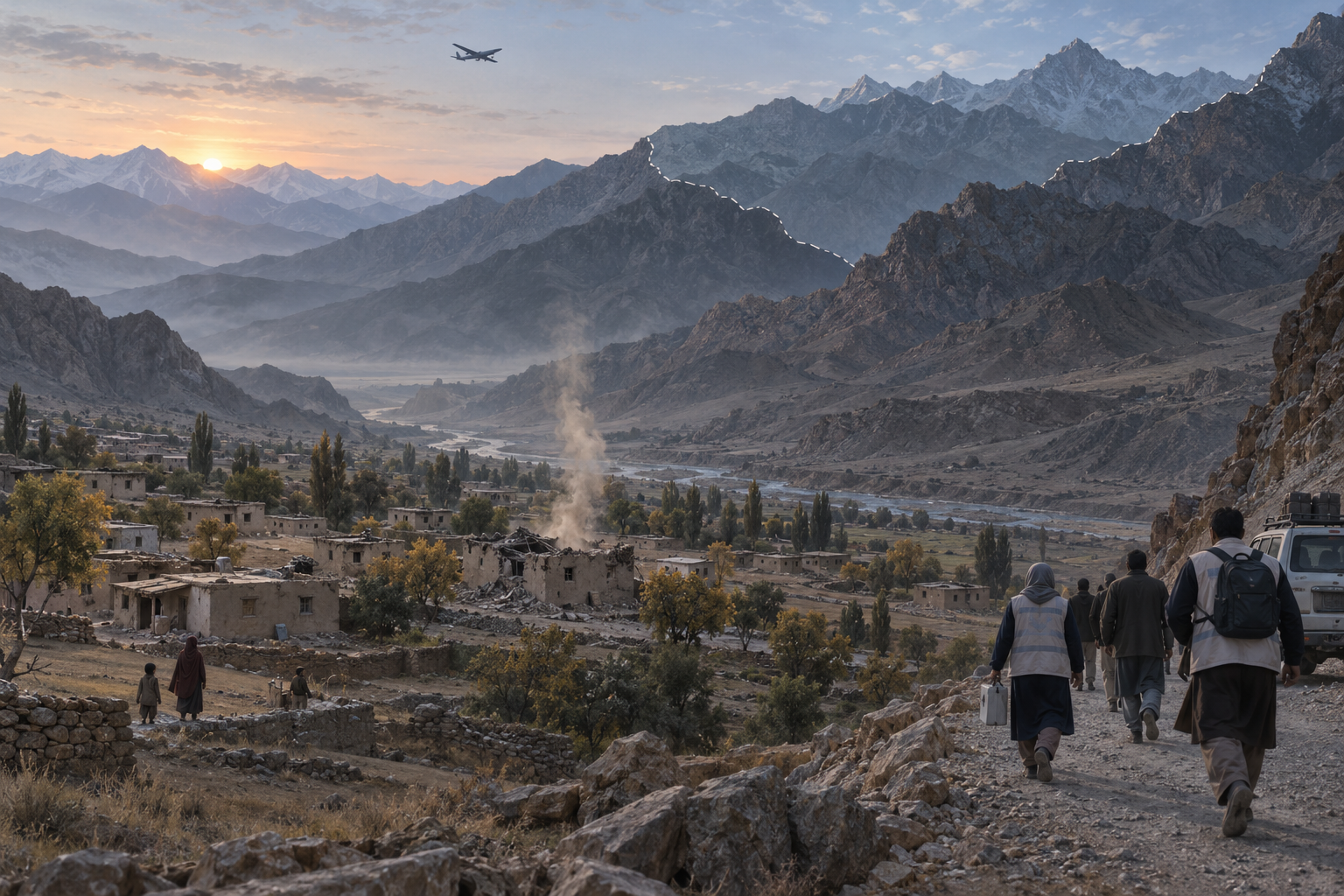 Editorial illustration of a damaged Afghan mountain village as unmarked humanitarian responders approach after an airstrike